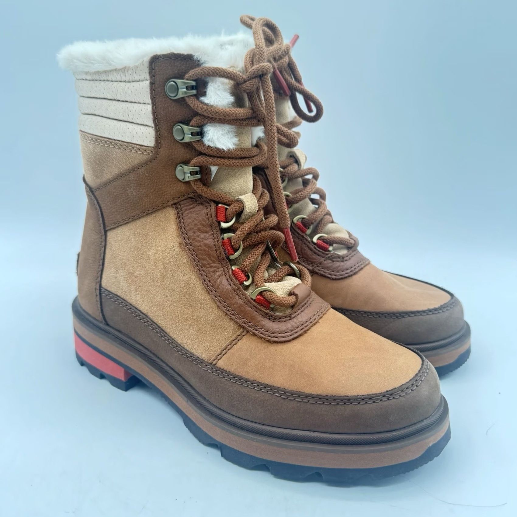 SOREL Sorel Lennox Leather/Faux Fur Trim Lace-Up Boot Velvet Tan/Warp Red Womens US 6/EU 39 M Waterproof Fall Winter Casual Boots Size US 6 / IT 36 - 4 Thumbnail