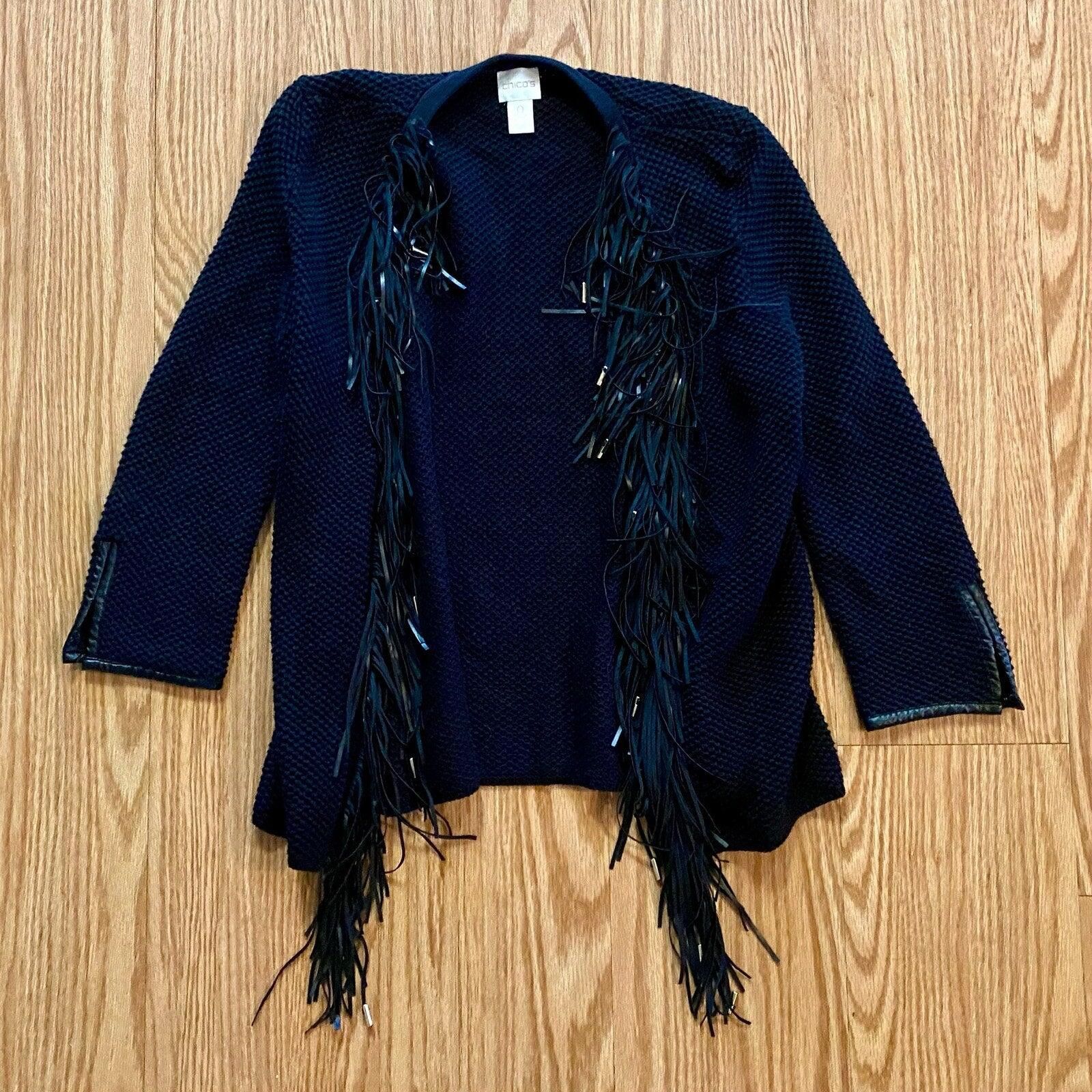 Chicos Chicos Black Knit Fringe Leather Cardigan Jacket Women Small Size S / US 4 / IT 40 - 3 Thumbnail