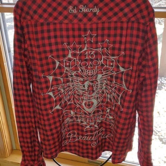Ed Hardy Ed Hardy Embroidered Skull & Eightball Red Plaid Casual Butt Size US L / EU 52-54 / 3 - 6 Thumbnail