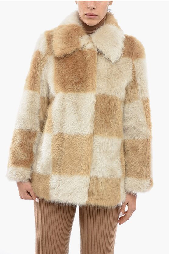 image of Stand Studio Check Patterned Nani Eco-Fur Coat in Beige, Women's (Size XS)