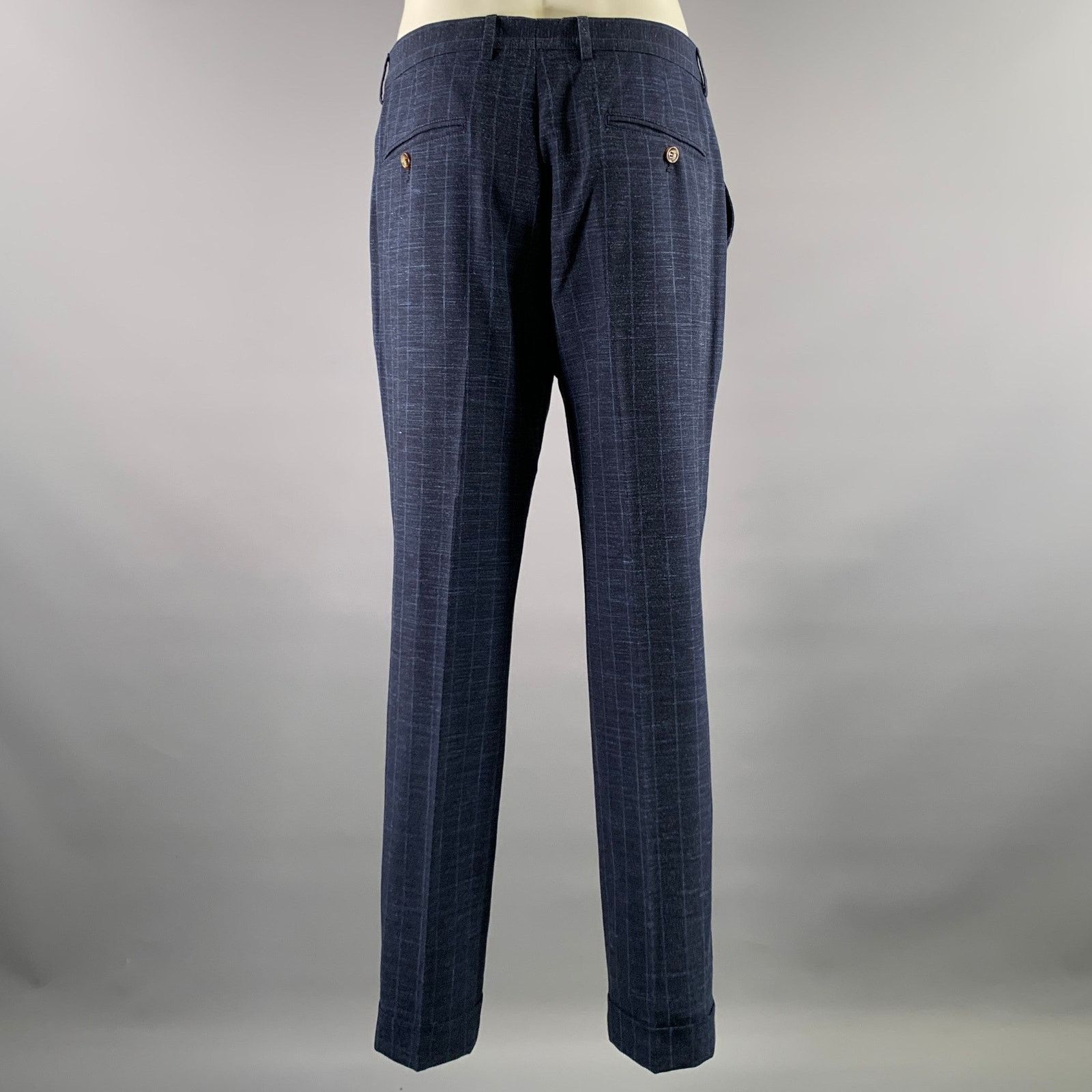 Brunello Cucinelli BRUNELLO CUCINELLI 38 Navy Window Pane Wool Blend Suit Size 38R - 7 Thumbnail