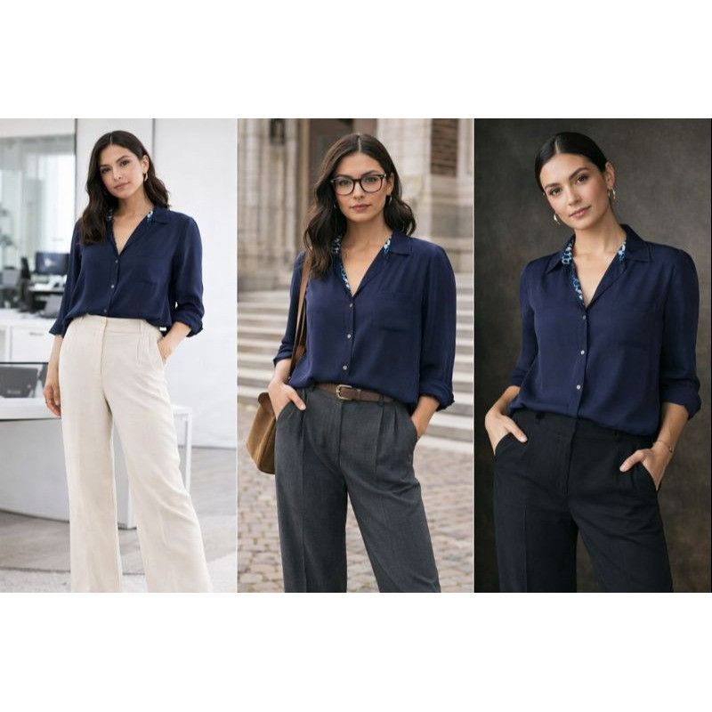 Diane von Furstenberg DVF Women 100% Silk Navy Blouse14 Long Sleeve Top Workwear Size XL / US 12-14 / IT 48-50 - 1 Thumbnail