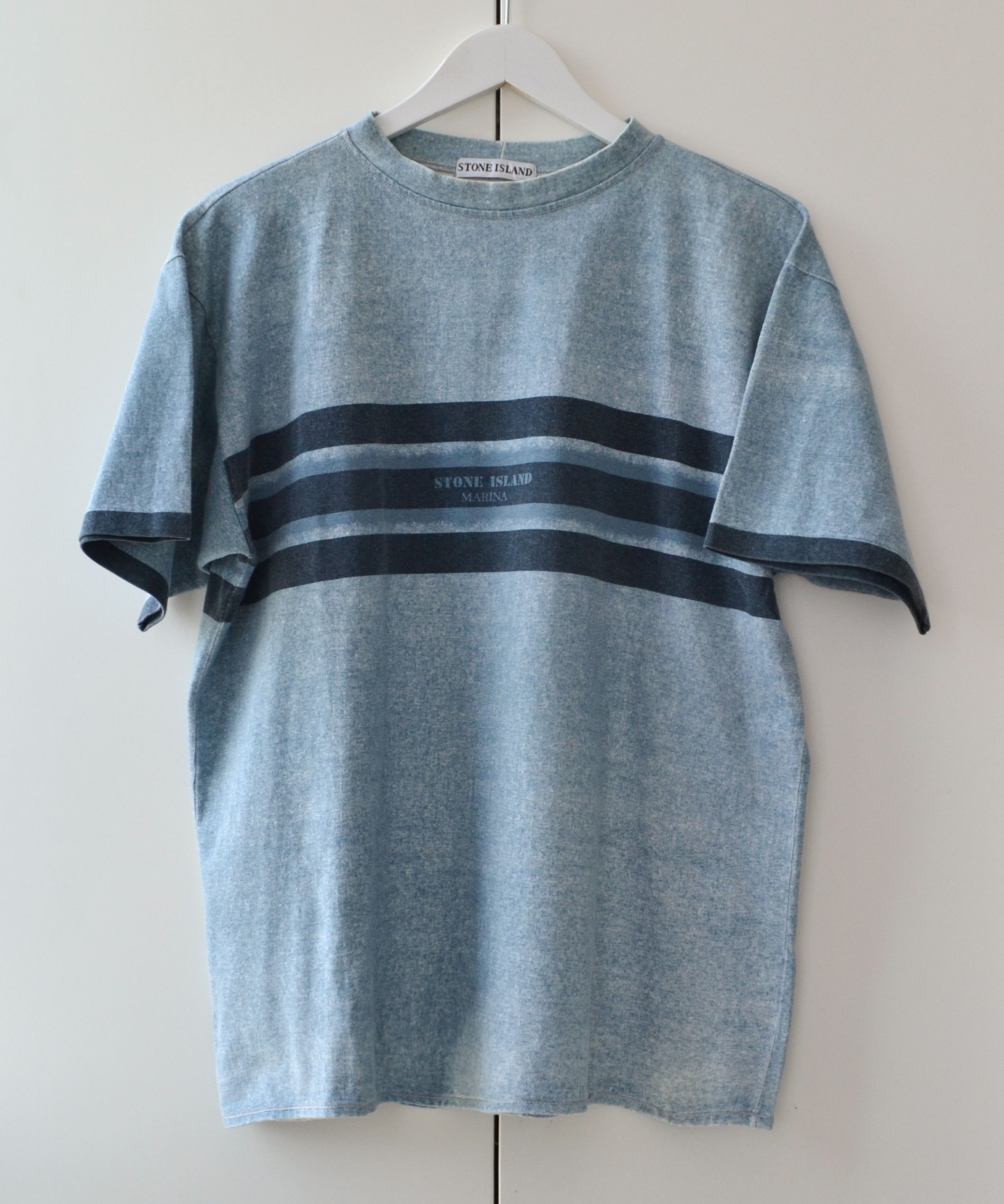 🔴 STONE ISLAND T Shirt Striped MARINA Print Logo 1995 Blue