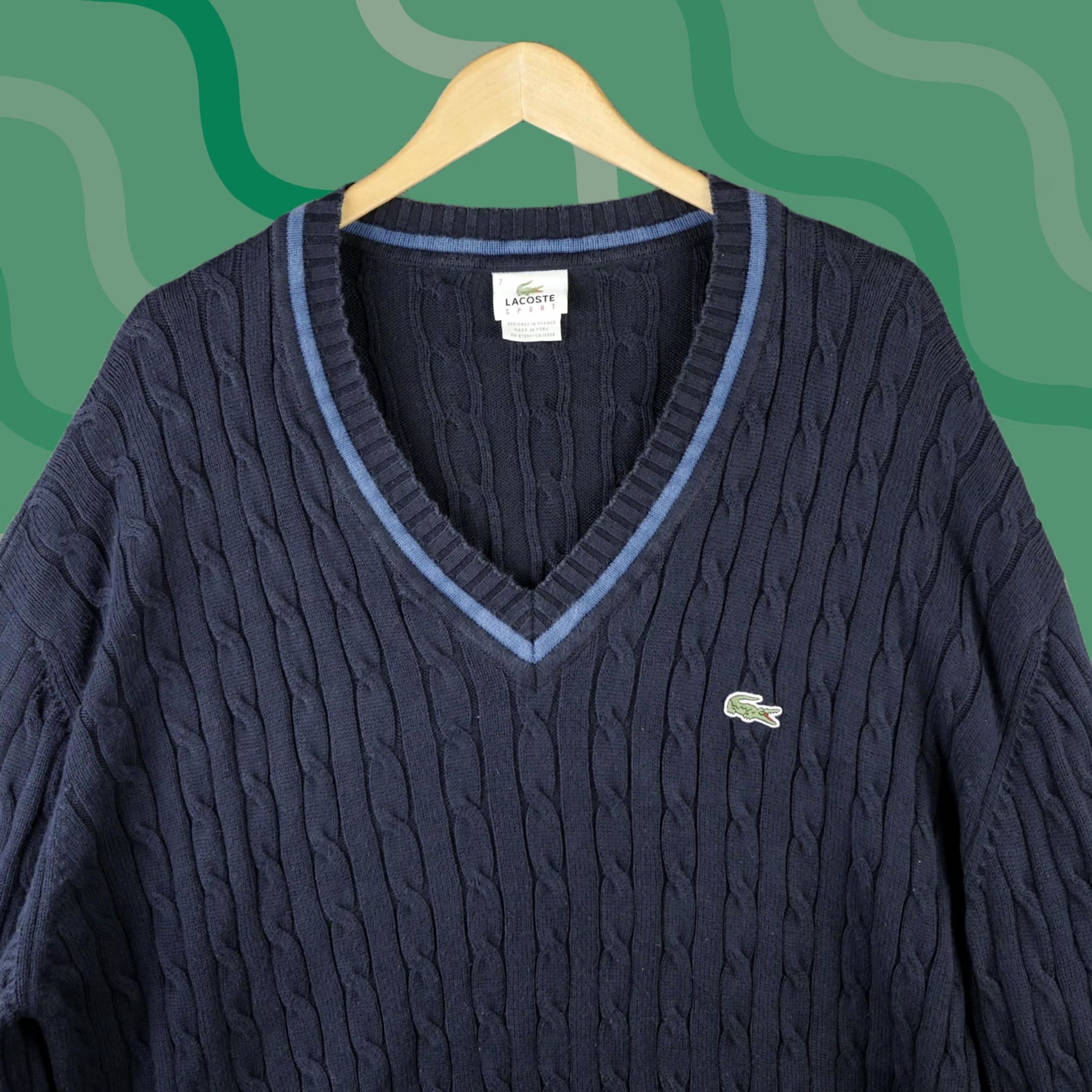 Lacoste Lacoste Mens 2XL Blue Cotton Cable-Knit V-Neck Pullover Sweater Logo Sport Size US XXL / EU 58 / 5 - 1 Thumbnail