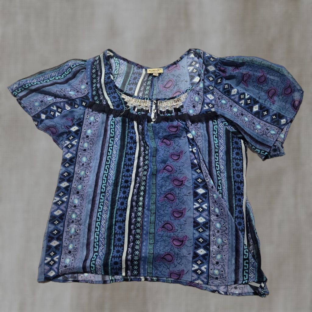 Vintage VINTAGE One World Shirt Women XL Blue Paisley Sheer Short Sleeve Blouse Women's Size XL / US 12-14 / IT 48-50 - 1 Thumbnail