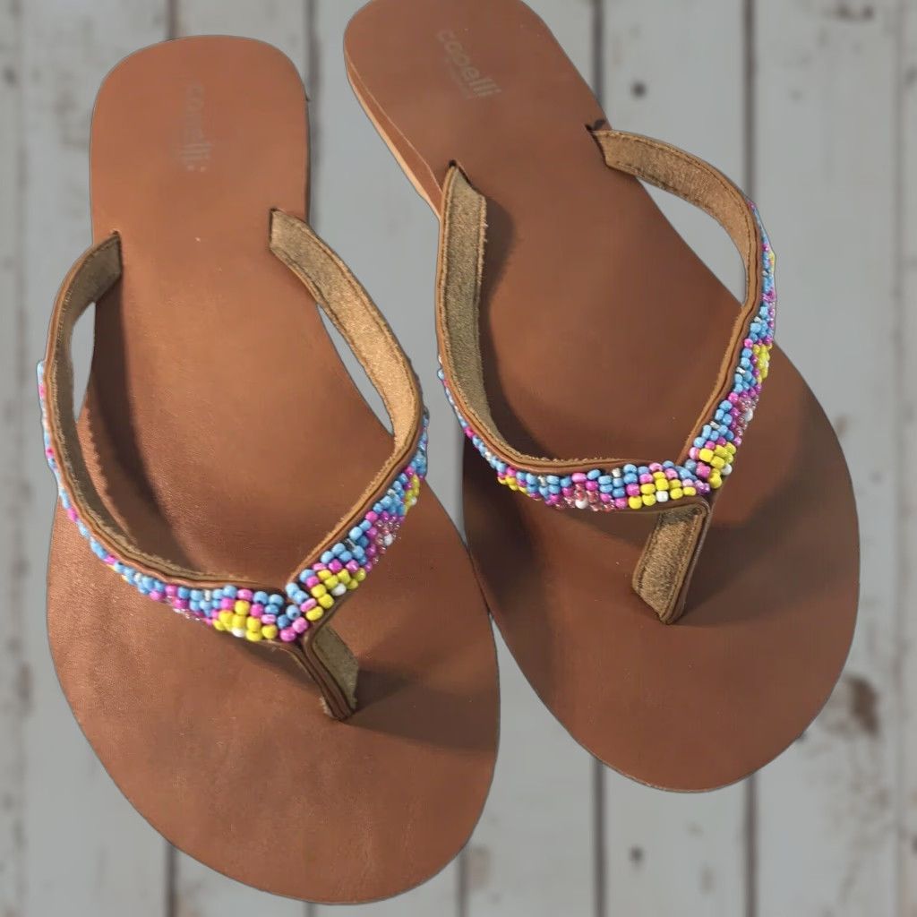 Vintage Capelli New York Women's Leather Flip Flops Size 10 Brown Beaded Boho Casual Sandals Size US 10 / IT 40 - 1 Thumbnail