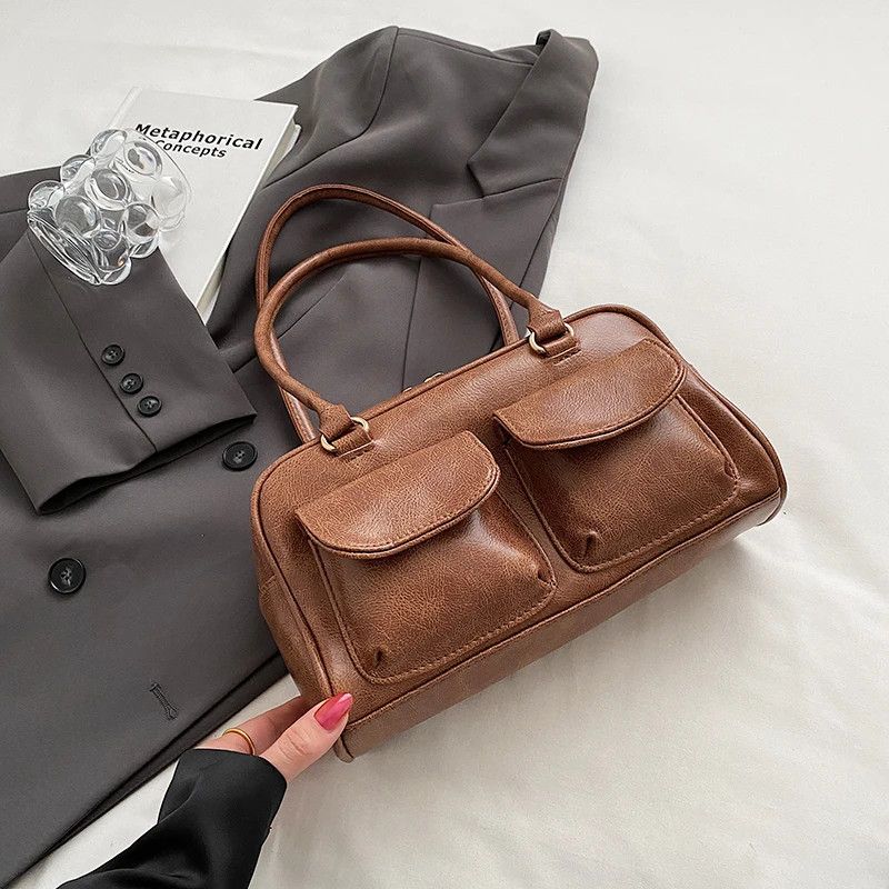 Leather Brown Double Pockets Shoulder Bag Size ONE SIZE - 2 Thumbnail