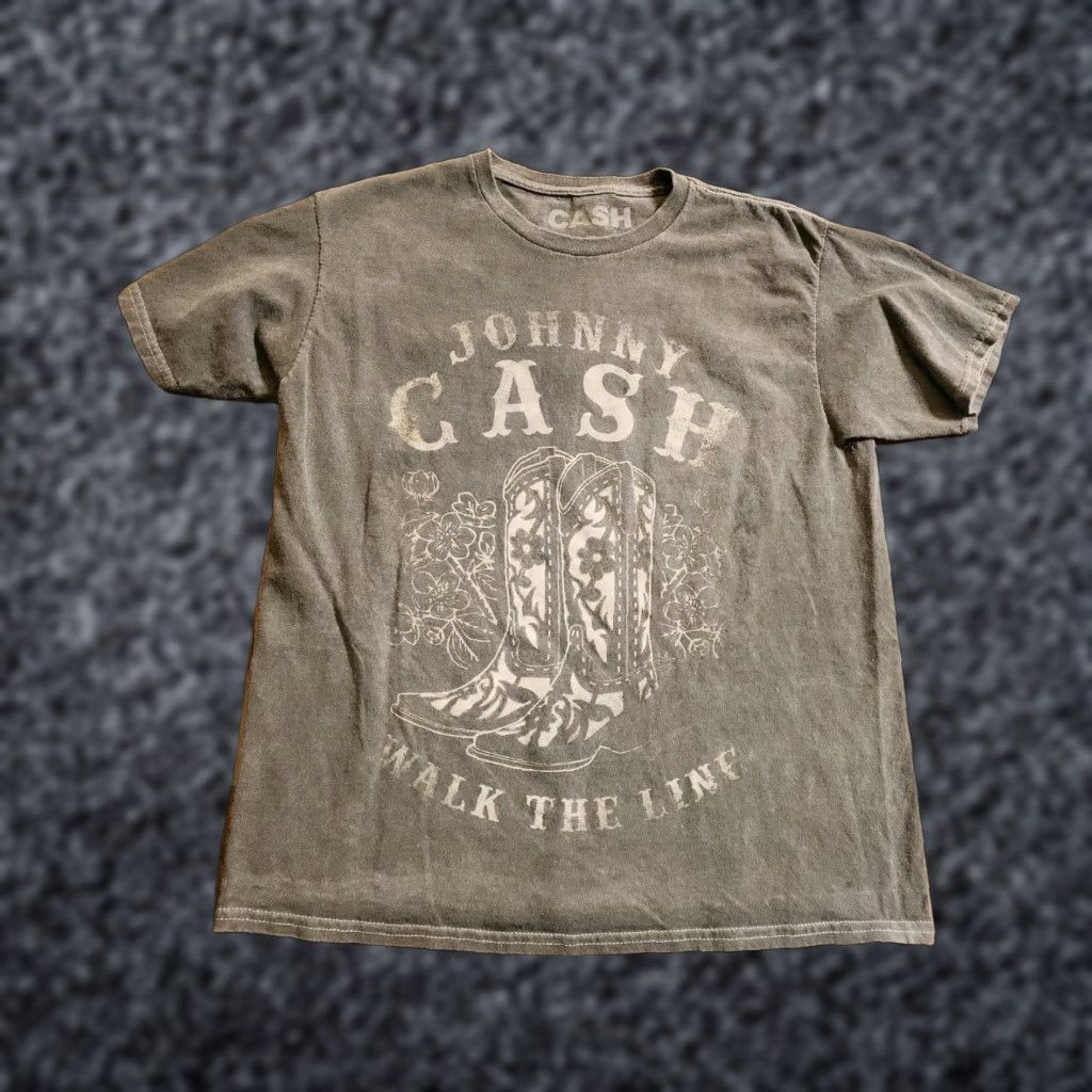 Vintage Womens Johnny Cash T-Shirt Cowboy Boots Walk The Line Gray Short Sleeve Cotton Vintage? (Wait) Size S / US 4 / IT 40 - 1 Thumbnail