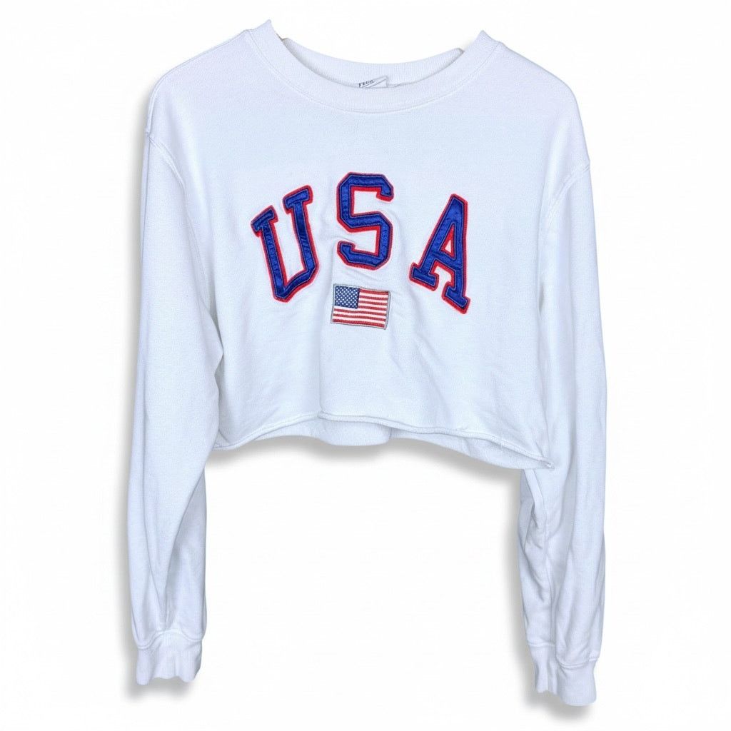 Other Mighty Fine Women's White USA Embroidered Cropped Sweatshirt Size XL / US 12-14 / IT 48-50 - 1 Thumbnail