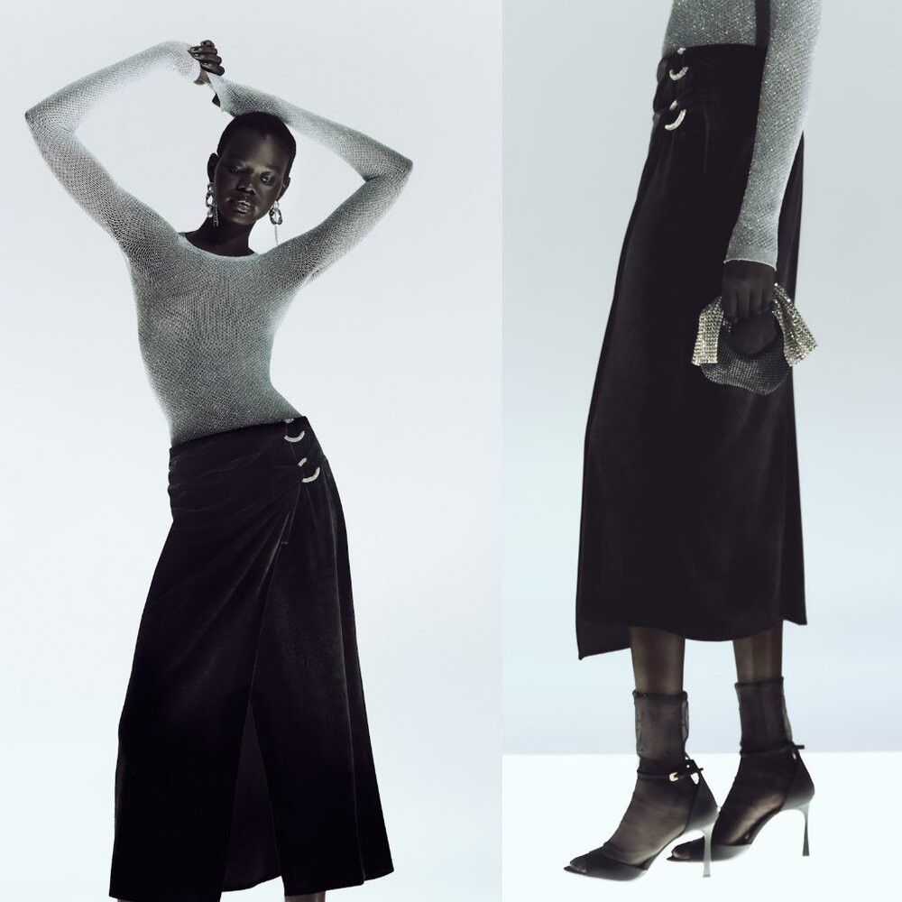 Zara NWT New Zara Rhinestone Ring Velvet Midi Wrap Black Skirt S Size 28" / US 6 / IT 42 - 2 Thumbnail