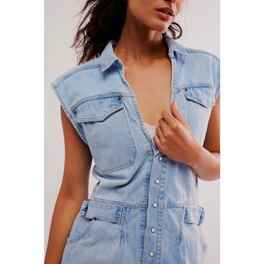 Free People New FREE PEOPLE Rowley Denim Mini Dress $168 LARGE Blue Size L / US 10 / IT 46 - 2 Thumbnail