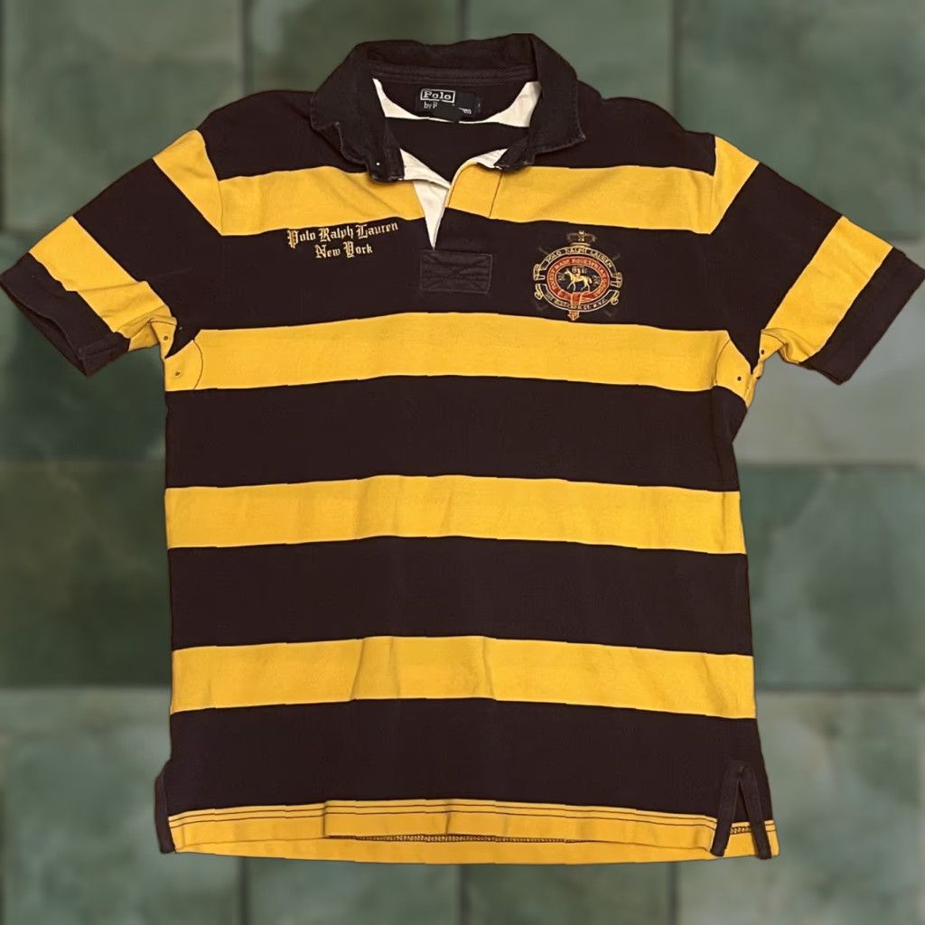 Polo Ralph Lauren VINTAGE Polo By Ralph Lauren New York Custom Fit Short Sleeve Rugby Shirt Crest L Yellow Blue Mens Polo Shirt Size US L / EU 52-54 / 3 - 1 Thumbnail