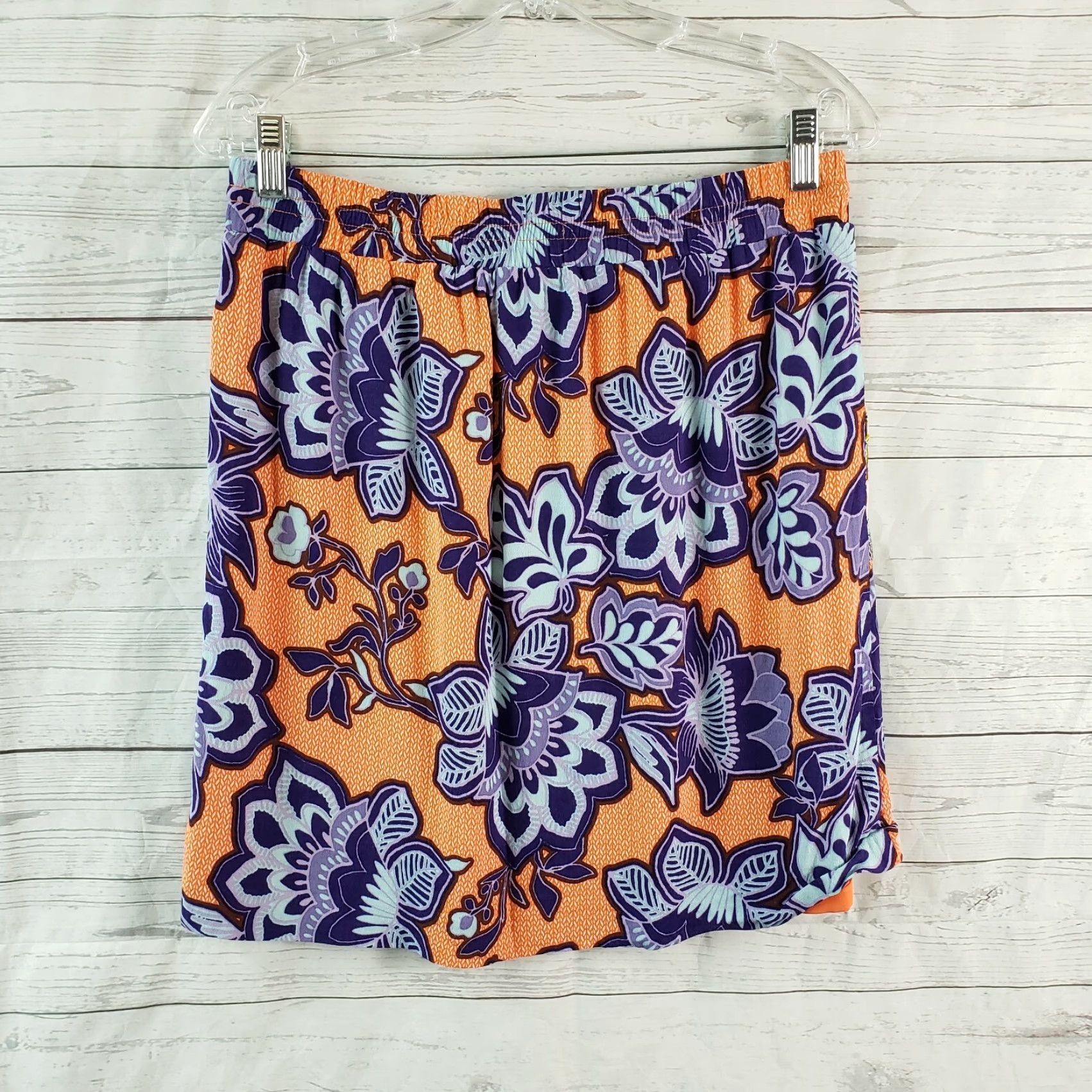 Loft VINTAGE? No. Ann Taylor LOFT Womens Skirt S Purple Orange Floral Drawstring Rayon Short A-Line Womens Size 28" / US 6 / IT 42 - 2 Thumbnail