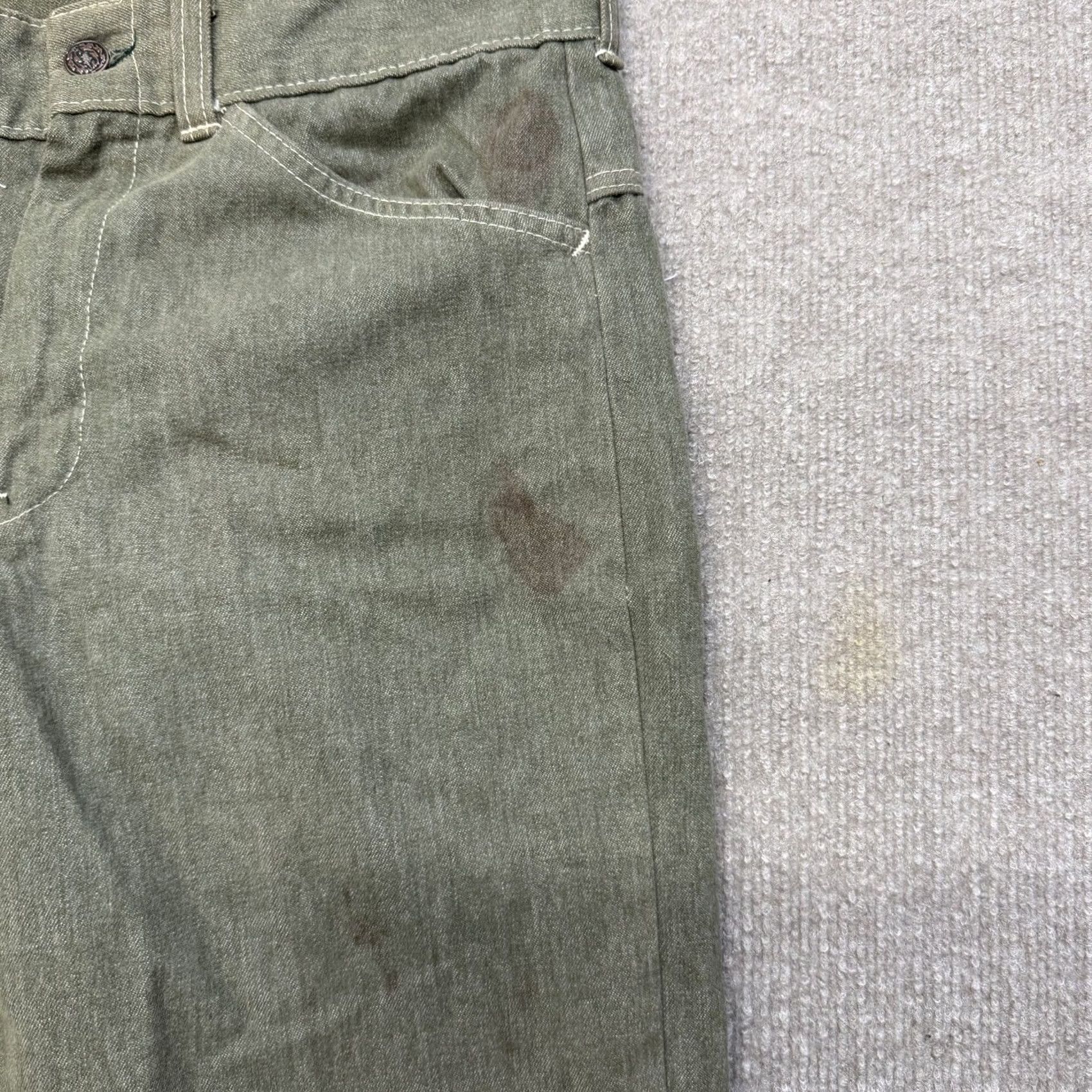 Denime VINTAGE Green Denim Jeans Mens 31x26 Zipper Fly Distressed Straight Leg Size US 31 - 4 Thumbnail