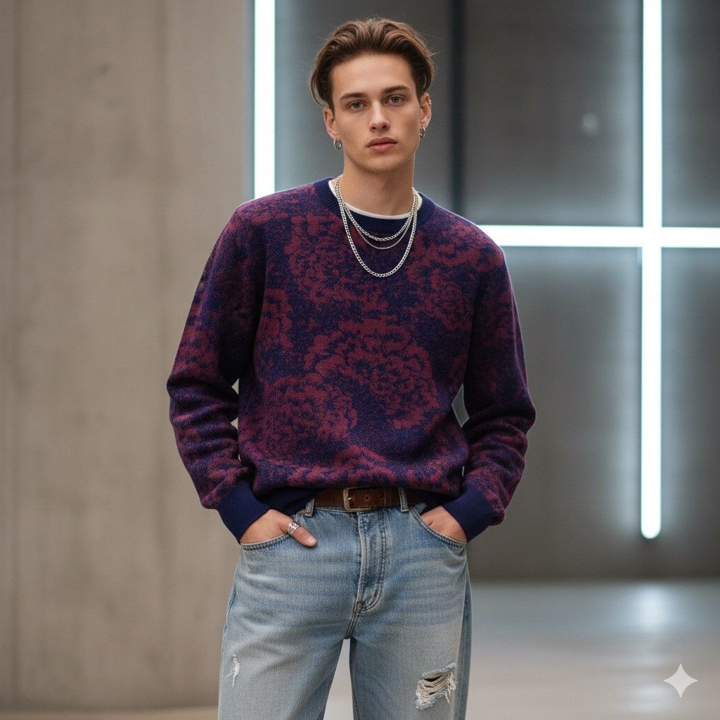 Obey Obey Propaganda Floral Jacquard Sweater Blue Burgundy Large Size US L / EU 52-54 / 3 - 1 Thumbnail