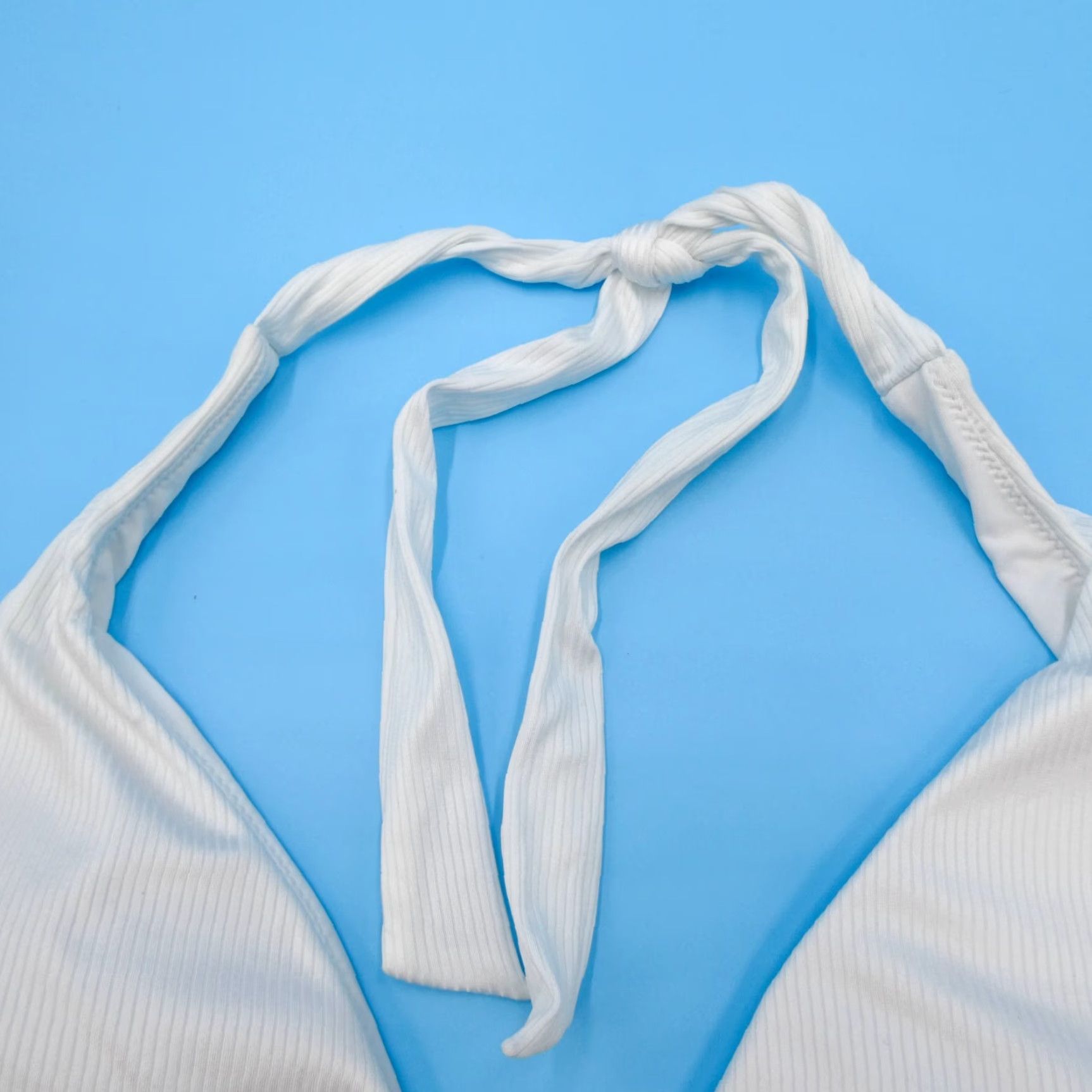Victoria's Secret XL White Ribbed Havana Triangle Push Up Halter Bikini Top Swim Shirt Womens Beach DD Cup Quick Dry Logo Strap