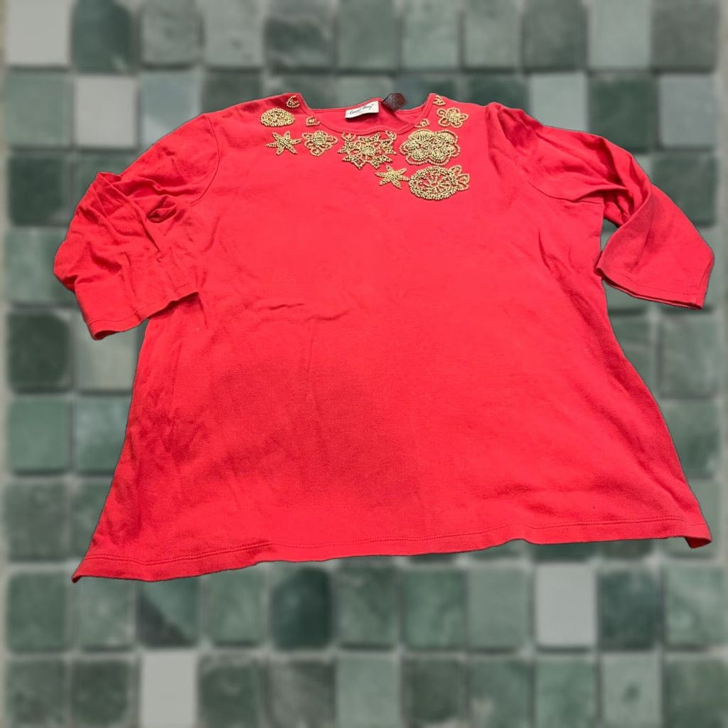 Vintage VINTAGE? No. CORAL BAY Shirt Womens XL Red Short Sleeve Beaded Top Size XL / US 12-14 / IT 48-50 - 1 Thumbnail