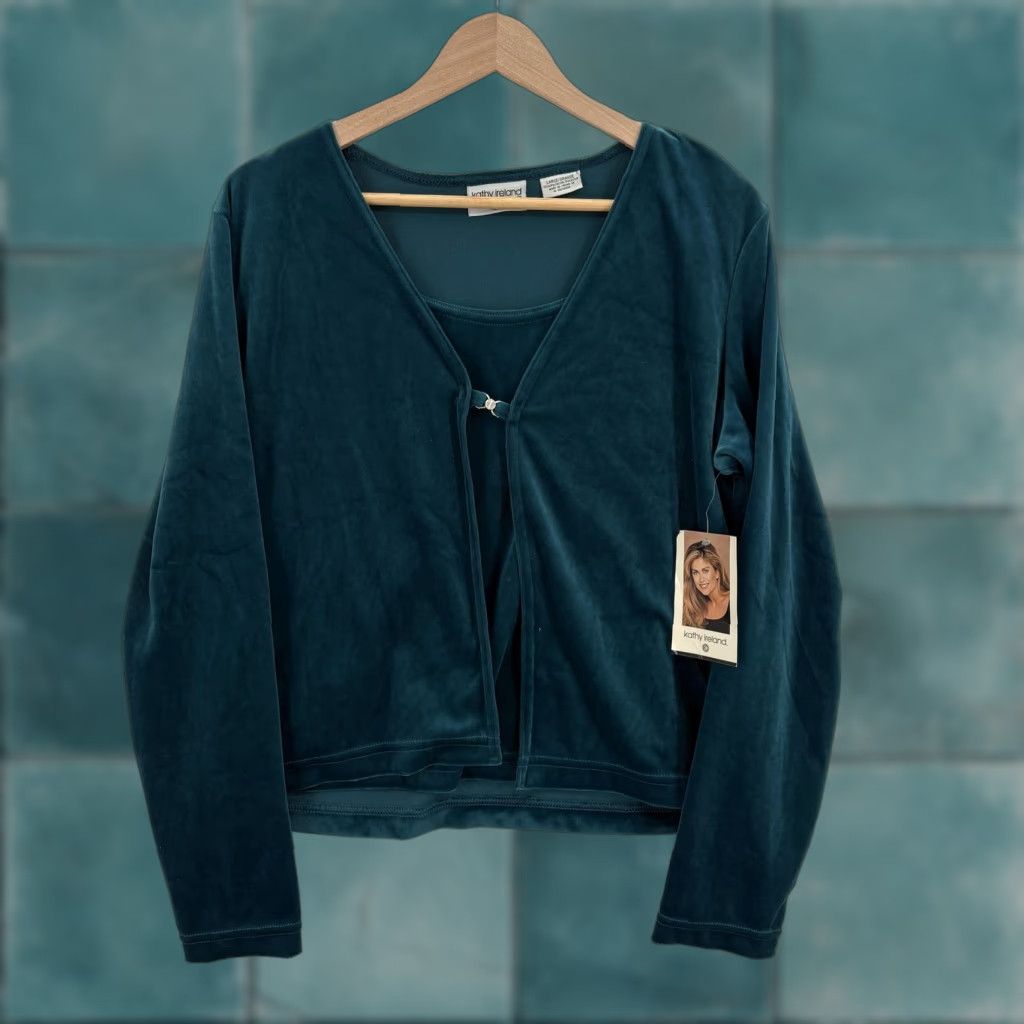 Velour Kathy Ireland Blouse Womens Large Blue Teal Velour Scoop Neck Long Sleeve VTG Size L / US 10 / IT 46 - 1 Thumbnail