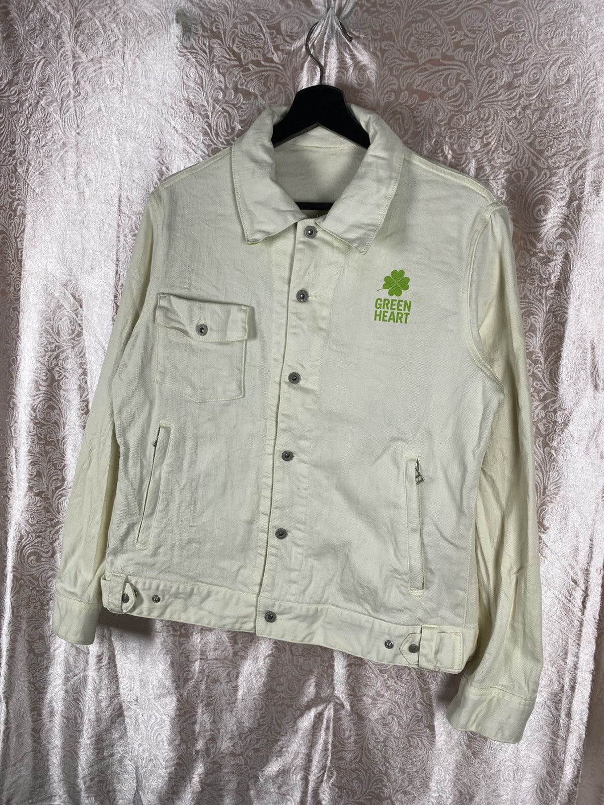 Vintage Vintage Green Heart White Denim Jacket Clover Graphic Size US M / EU 48-50 / 2 - 4 Thumbnail