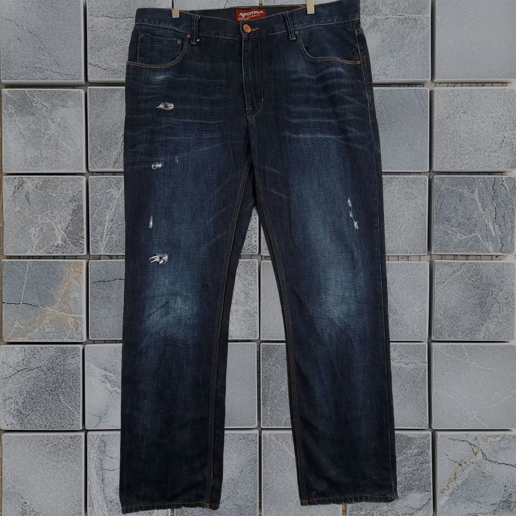 Arizona Jean Co Jeans Mens 38x32 Slim Straight Dark Wash Distressed Paisley Blue in Black, Men's