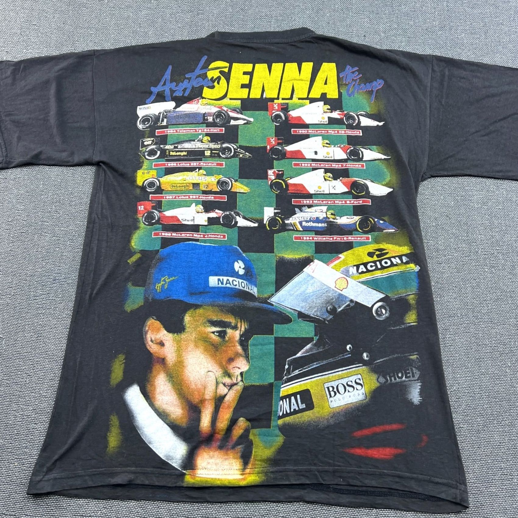 Vintage VINTAGE 90s Ayrton Senna Formula 1 Racing T Shirt Adult M Black McLaren AOP Men Size US M / EU 48-50 / 2 - 3 Thumbnail