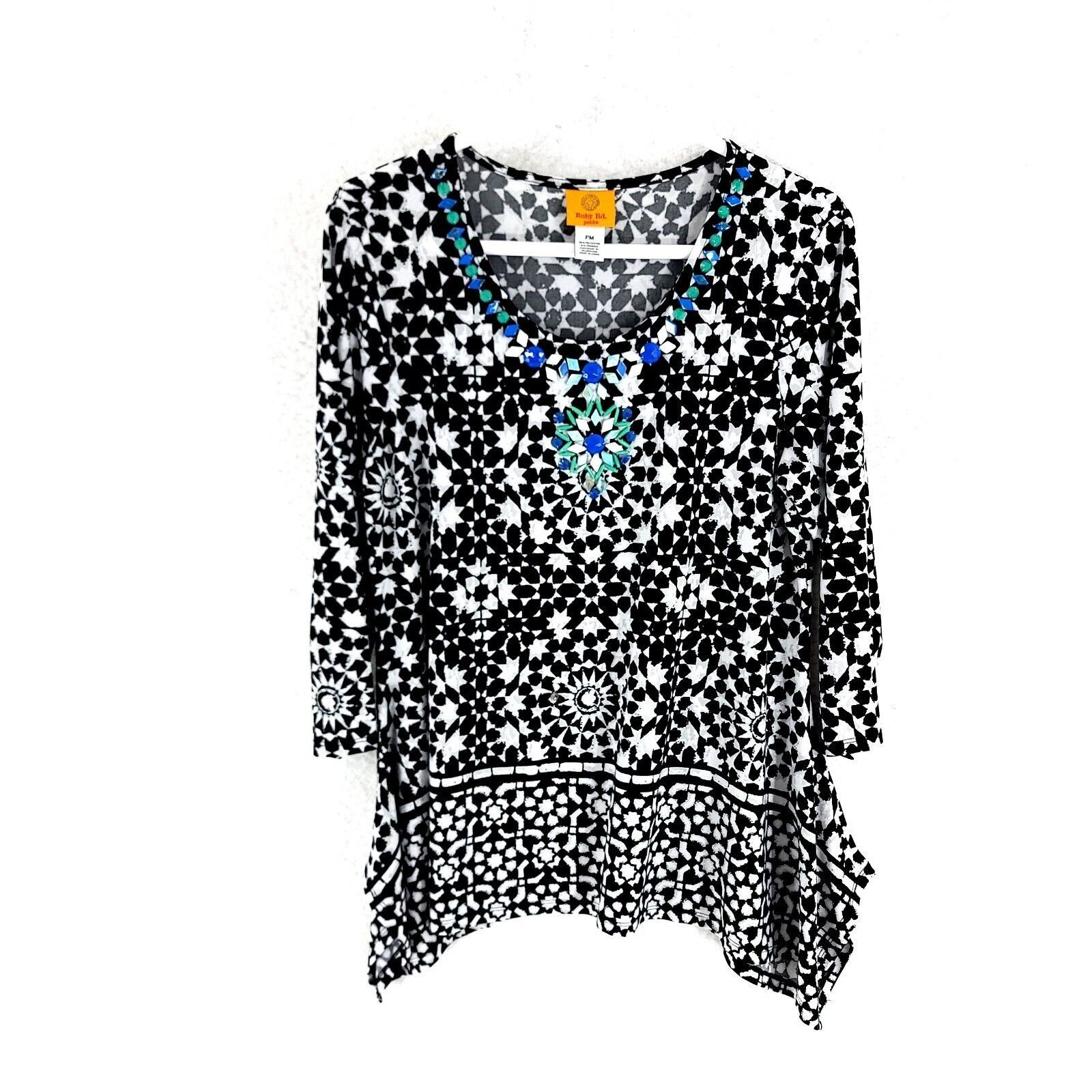 Vintage Ruby Rd. Petite PM Black White Floral Blouse W/ Blue Stones Size M / US 6-8 / IT 42-44 - 1 Thumbnail