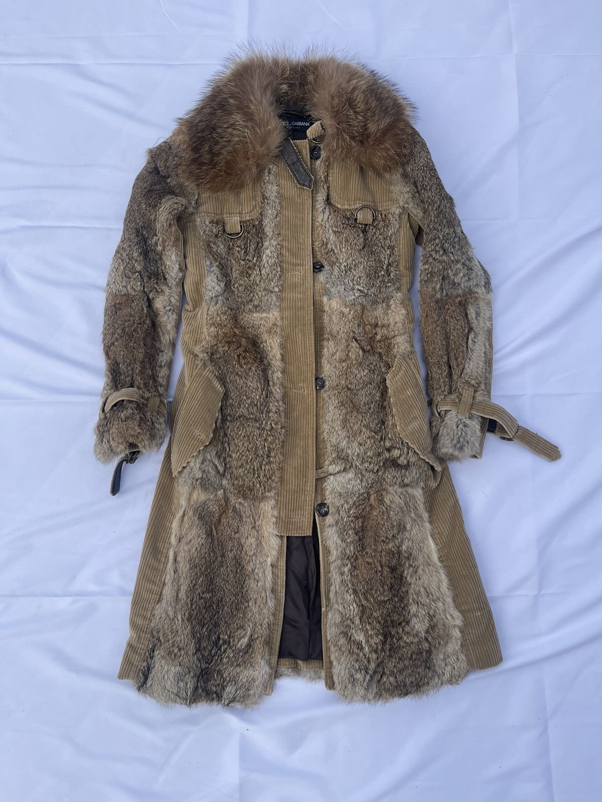 Image of Dolce Gabbana x Vintage Dolce & Gabbana Fur Corduroy Cargo Coat Aw04 A/w 2004 in Beige Fur, Women's