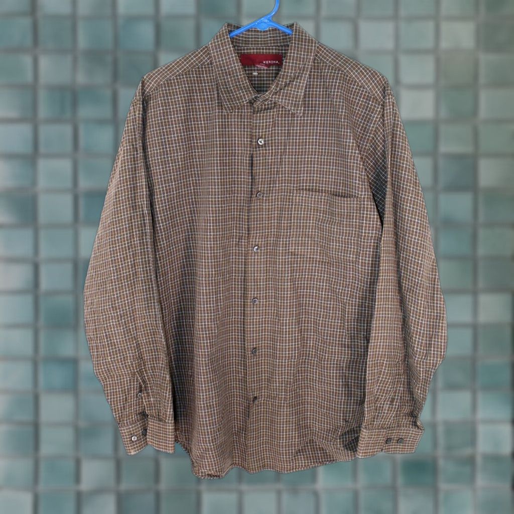 Merona Merona Shirt Adult XL Brown Check Cotton Button-Up Long Sleeve Mens Size US XL / EU 56 / 4 - 1 Thumbnail
