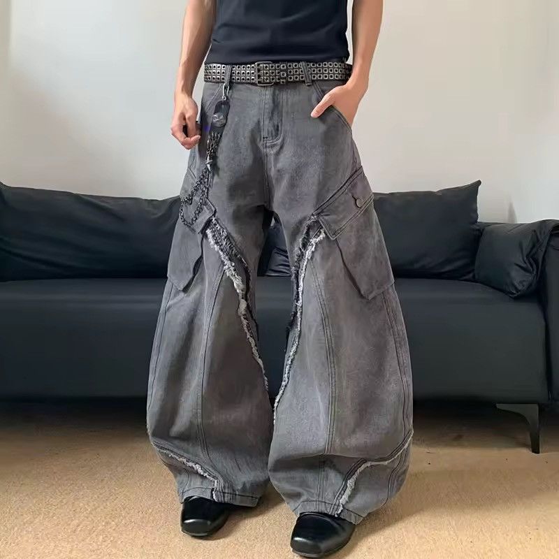 Jean Washed Y2k Streetwear Wide Leg Baggy Distressed Jeans Size US 29 - 2 Thumbnail