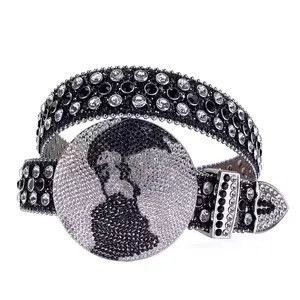 Japanese Brand × Vintage y2k black white studded rhinestone leather belt Size 34 - 1 Thumbnail