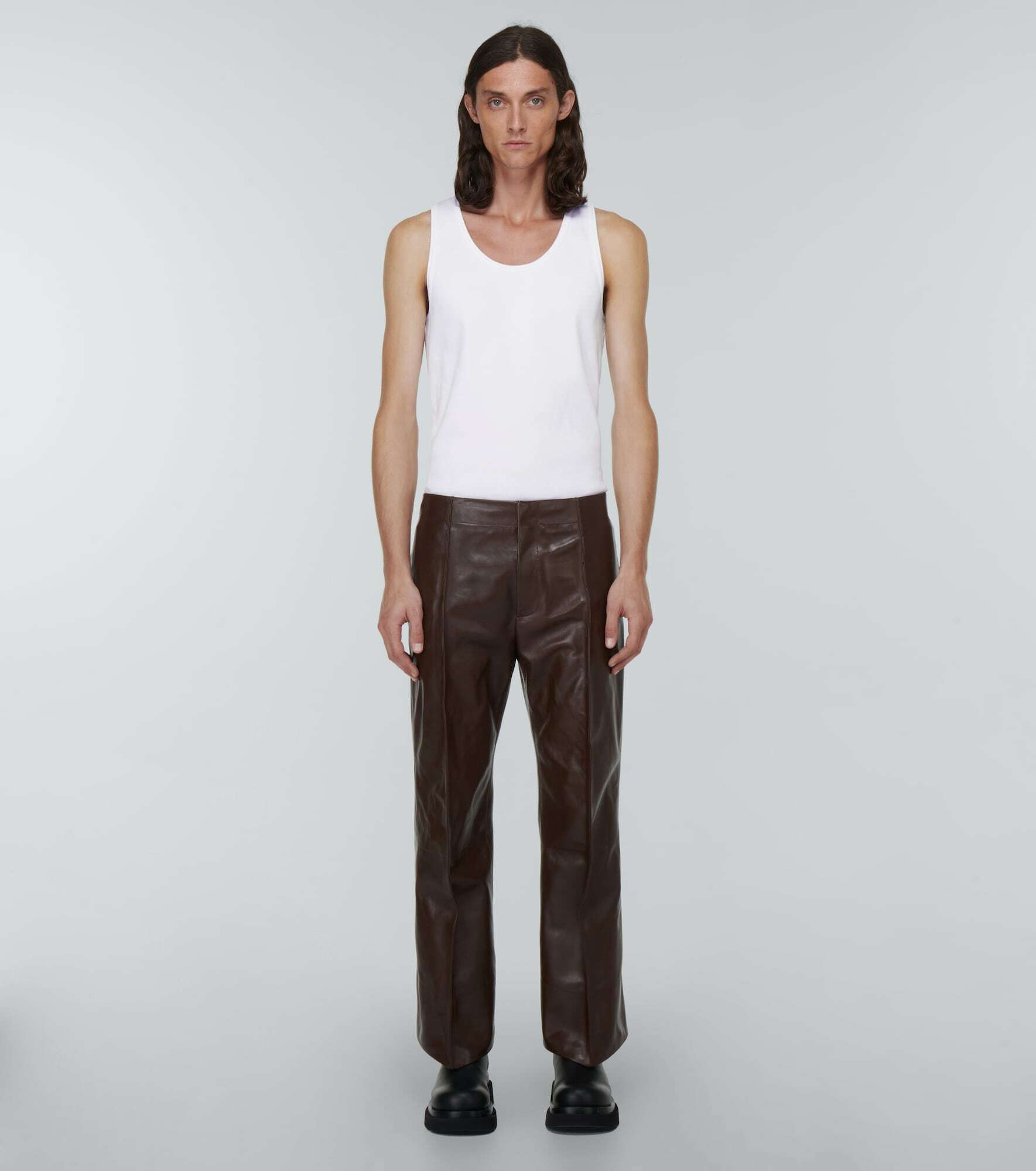 image of Bottega Veneta Leather Straight Pants in Tobacco, Men's (Size 33)