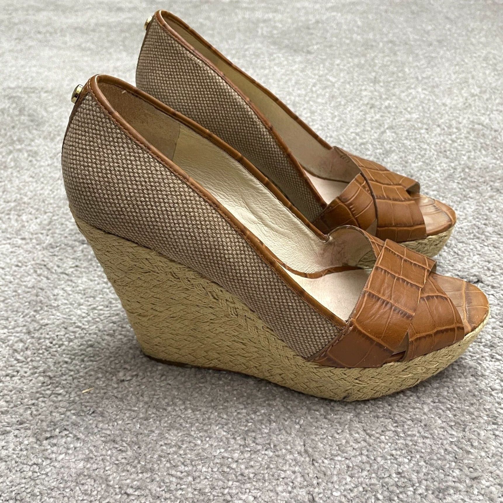 Michael Kors Micheal Michael Kors Wedge Sandals Womens 9M Brown Slip On Espadrille Peep Toe Leather Upper Cork Insole Logo Breathable Comfort Size US 9 / IT 39 - 2 Thumbnail