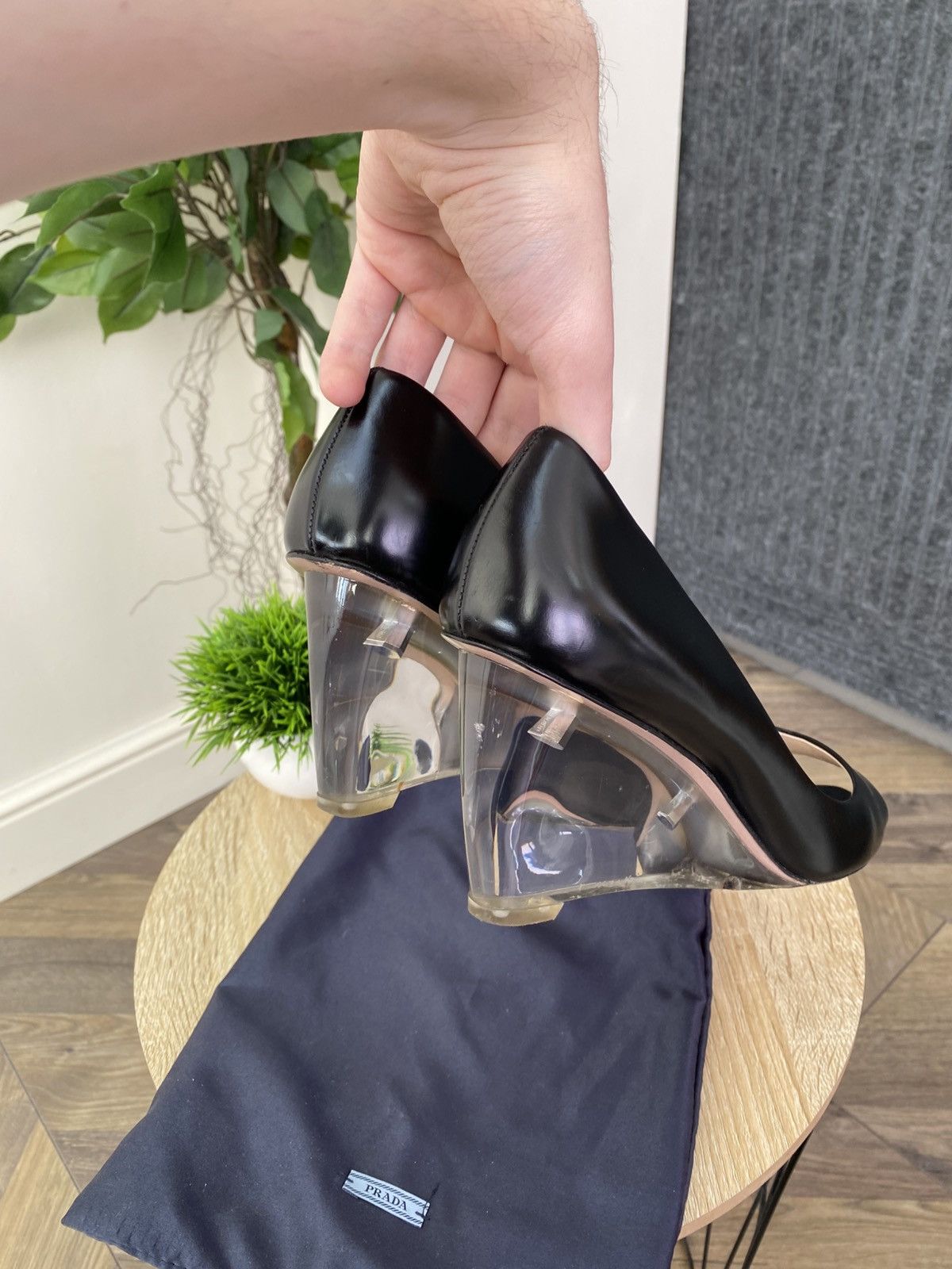 Prada VINTAGE PRADA BLACK LEATHER PLEXIGLASS WEDGE HEELS Size US 9 / IT 39 - 11 Thumbnail