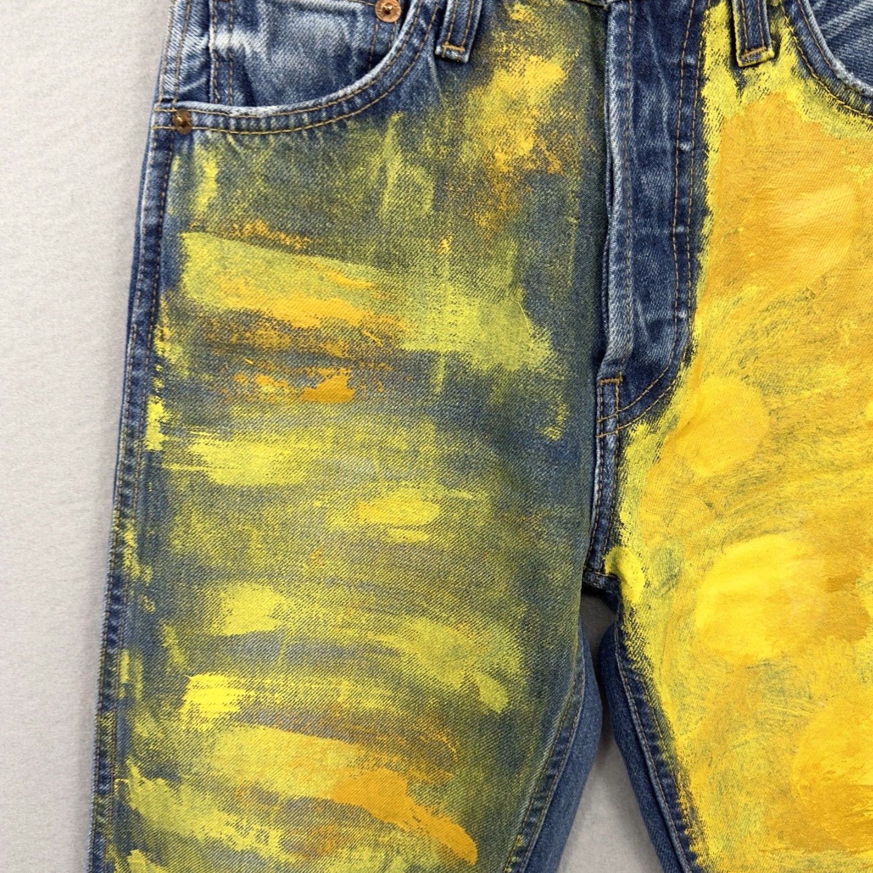 Vintage Redone Jeans Womens 24 Mid Rise Button Fly Straight Leg Painted Boho Denim Blue 5-Pocket Design Style Straight Vintage No Brand Redone Size 42" / US 20 - 2 Thumbnail
