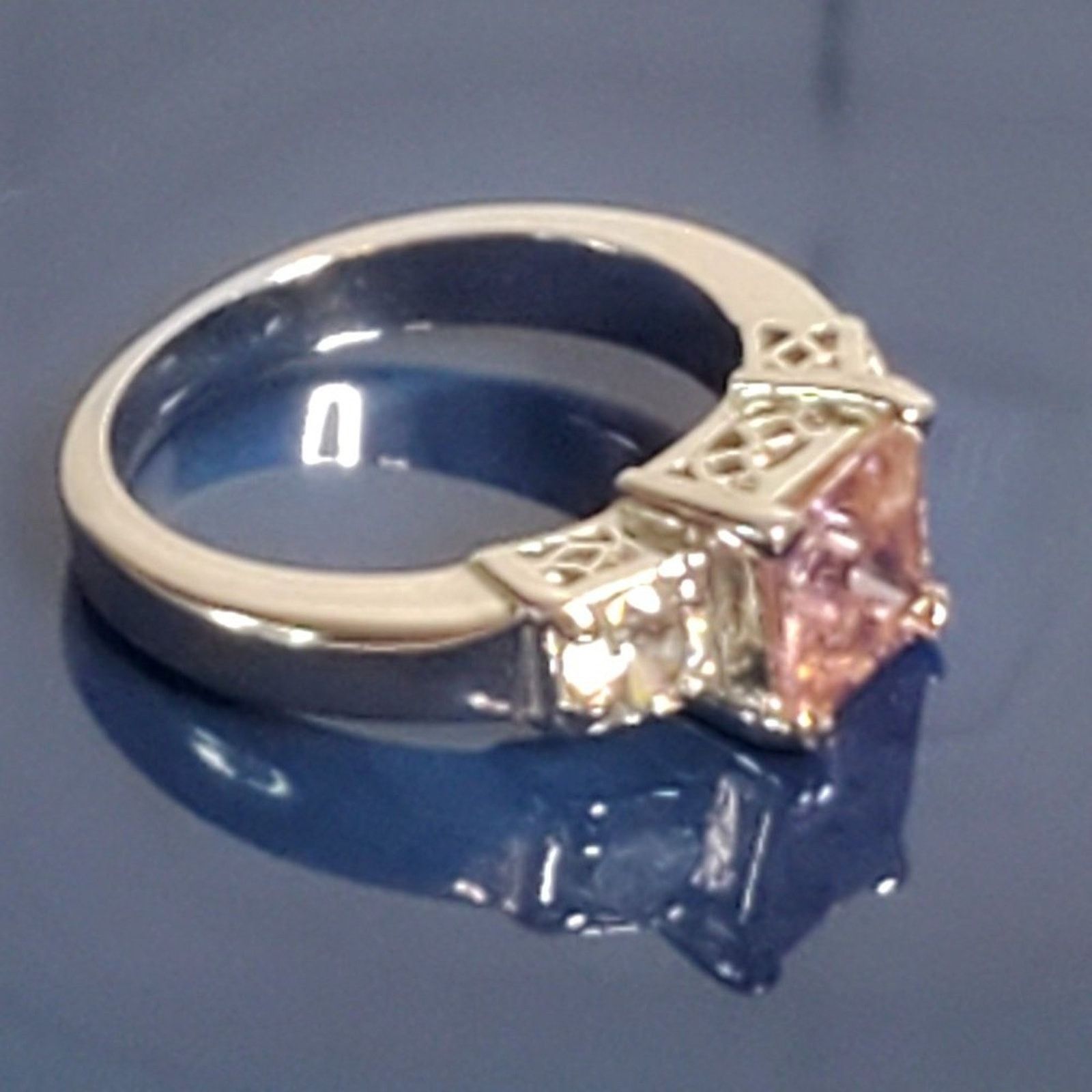 Designer White Gold Plated Pink Princess Cut & White Crystal Ring 6.5 Size ONE SIZE - 7 Thumbnail