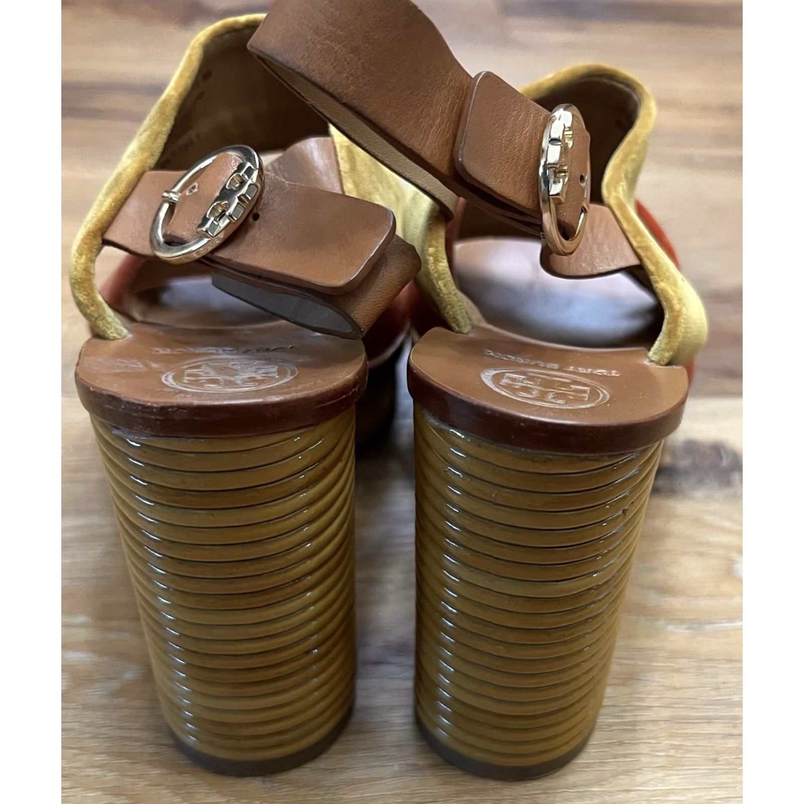 Tory Burch Tory Burch Patos Sandal Platform Velvet Strappy Buckle Heels 8 Women's M Calfskin Bright Pueblo/Bright Lava Block Heel Vintage No Size US 8 / IT 38 - 5 Thumbnail