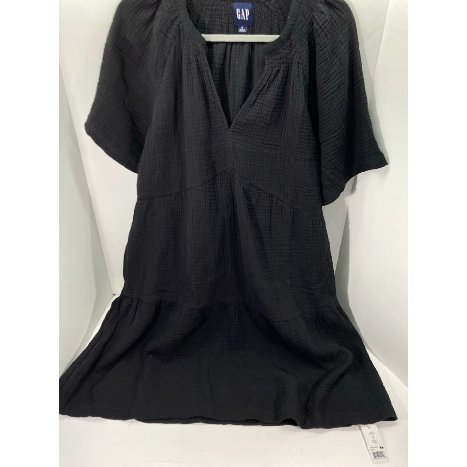 Gap Dress Women Medium Black Short Sleeve Pockets Tiered Gauze NWT Crinkled  Knee Length Maxi