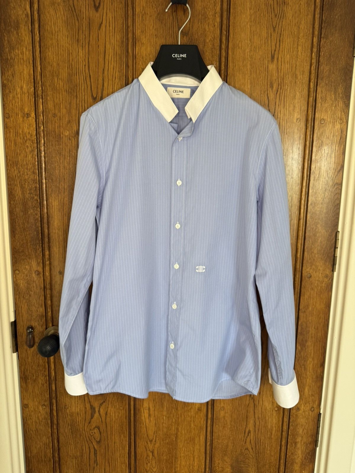 Celine × Hedi Slimane SS24 Celine Triomphe logo blue stripe shirt Hedi sample 39 Size US M / EU 48-50 / 2 - 1 Thumbnail
