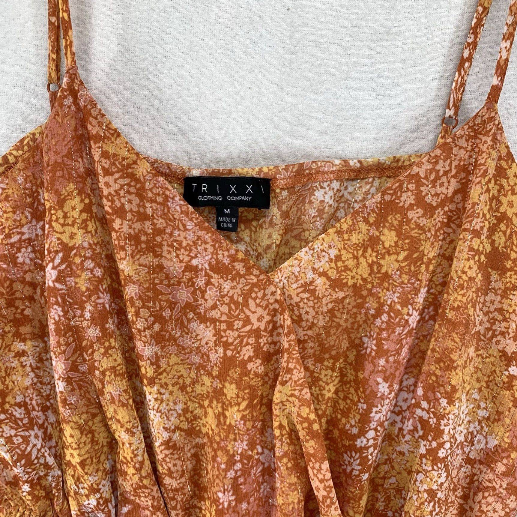 Vintage Trixxi Women's Sheath Dress Medium Orange Floral Ruffle V-Neck Sleeveless Casual Party Bohemian Size 32" / US 10 / IT 46 - 5 Thumbnail