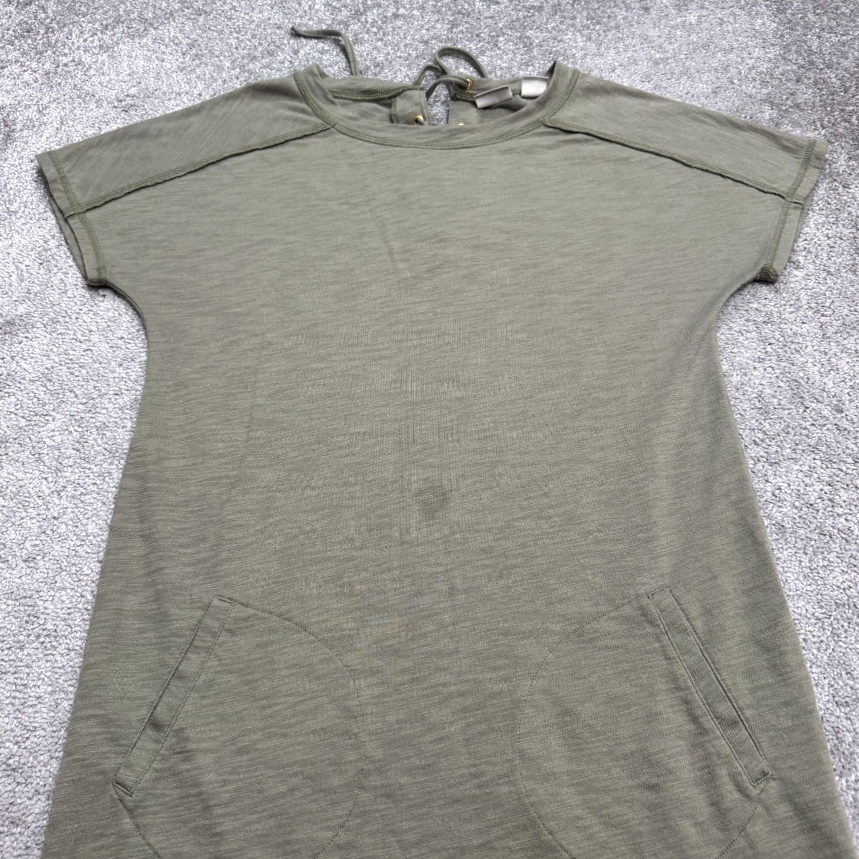 Vintage Chico's Zenergy Lace Up Back T-Shirt Dress Womens Olive Green Short Sleeve Midi Knit Cotton Blend Pockets Slim Fit Casual Travel 0? Size M / US 6-8 / IT 42-44 - 5 Thumbnail