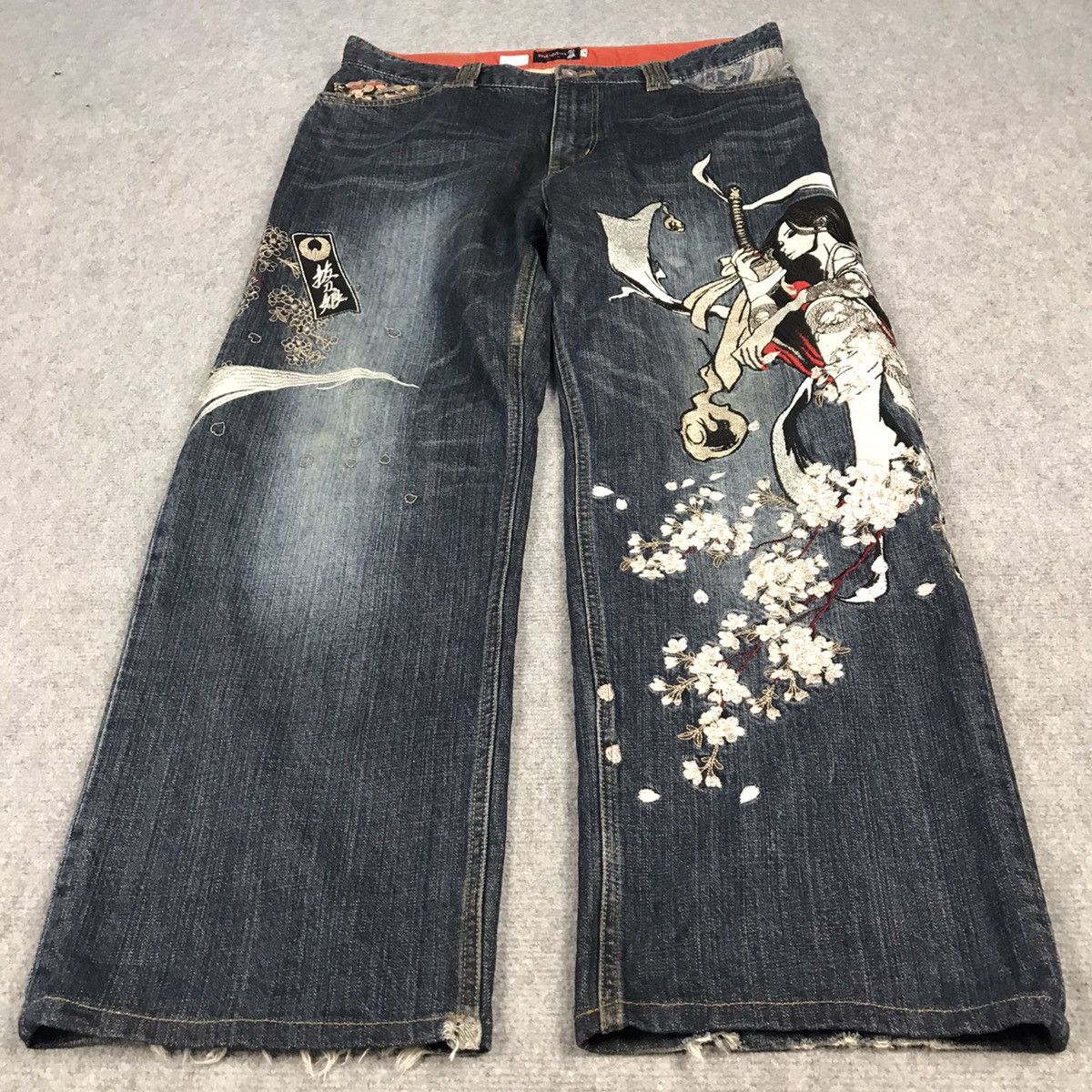 JAPANESE DENIM STYLE EMBROIDERY ART BAGGY PANTS