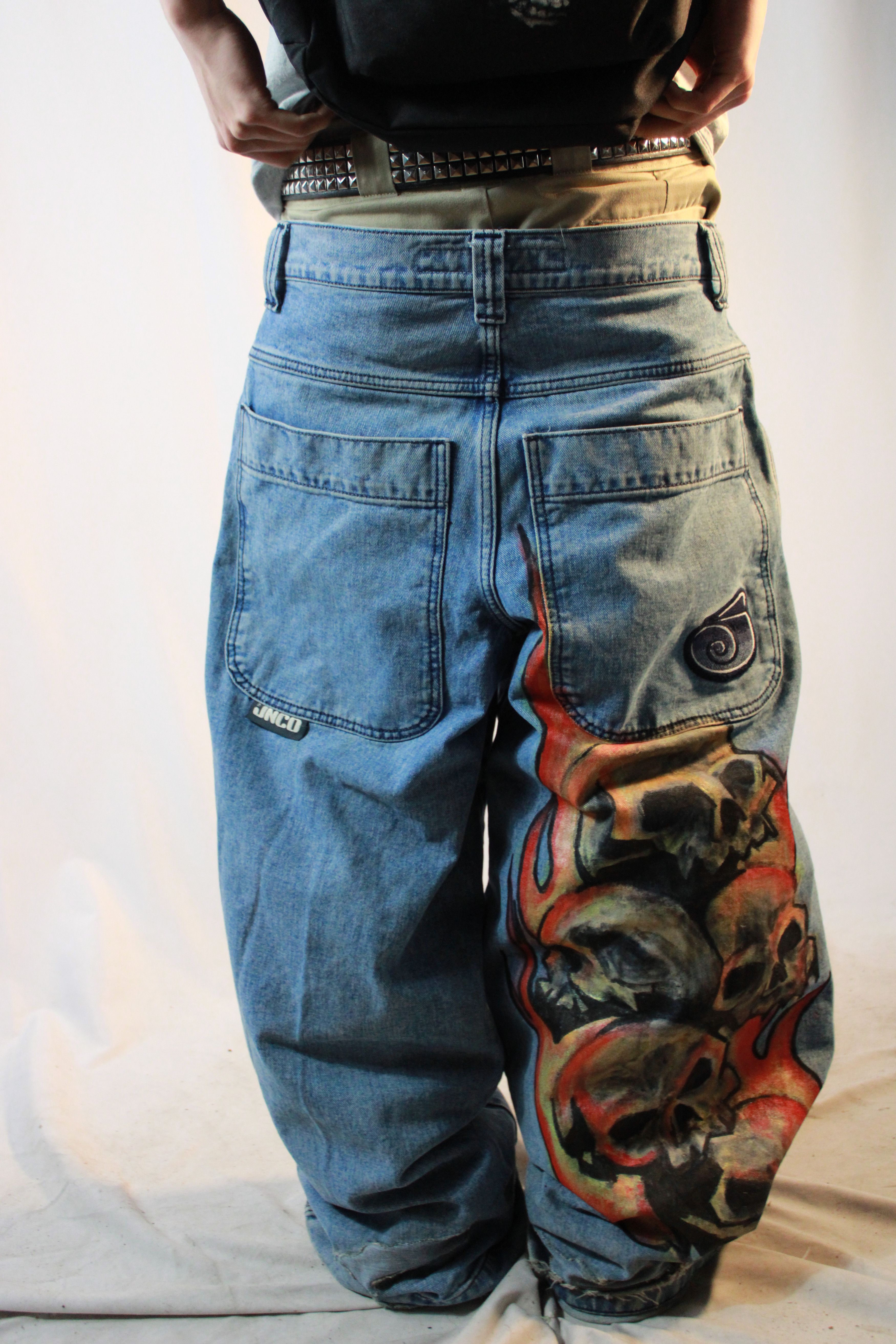 Vintage CUSTOM GRAFFITI FLAMING SKULL COLLAGE TWIN CANNON JNCOS | Grailed