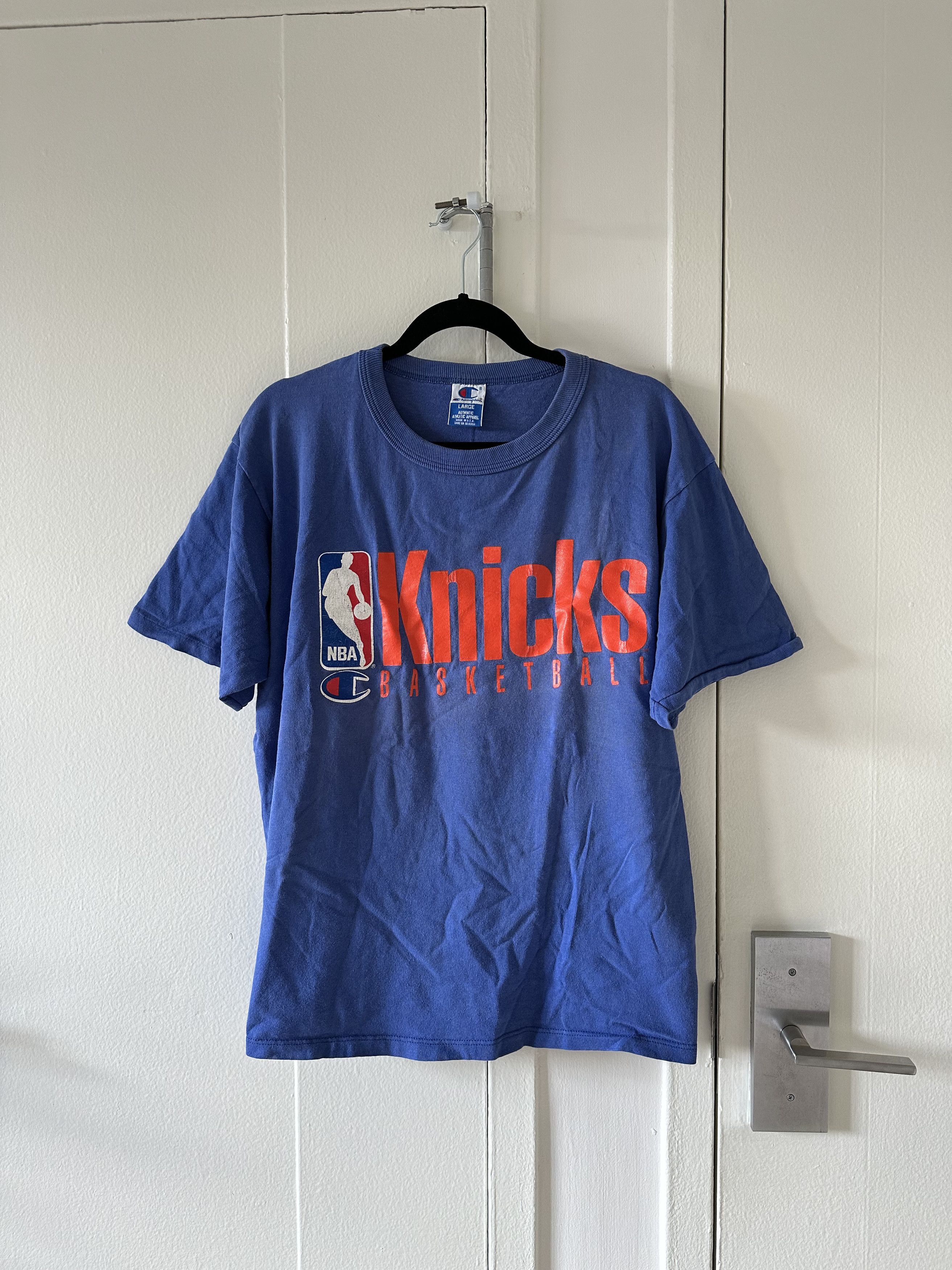 image of Vintage New York Knicks X Champion Logo Tee in Blue, Men's (Size Large)