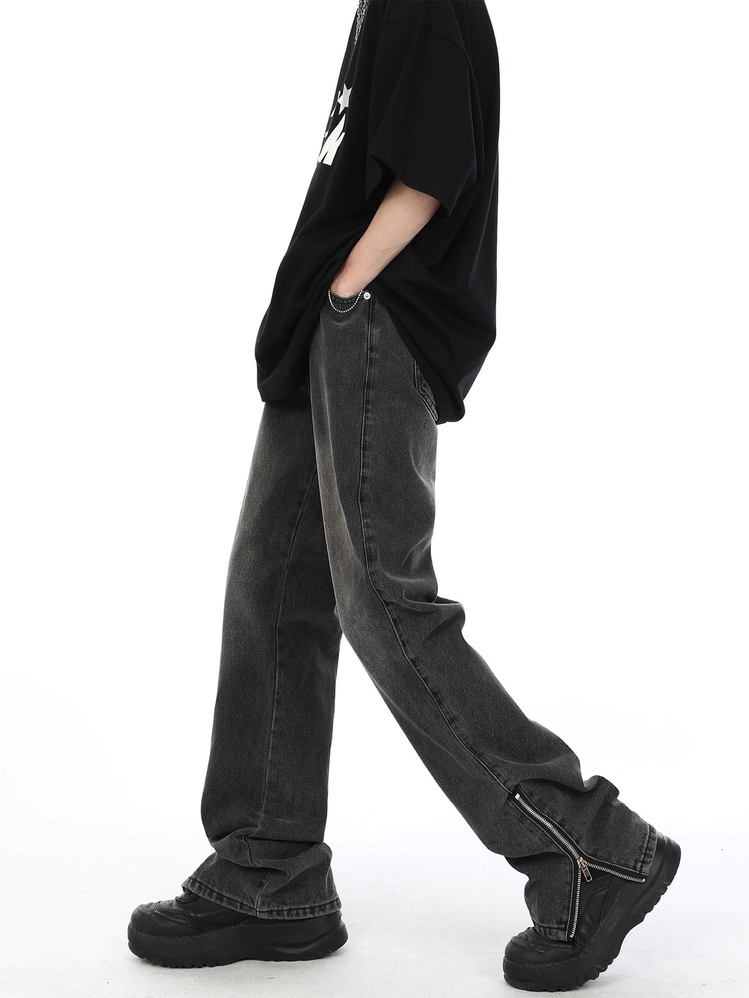 image of Side Zipper Slit Jeans in Black, Men's (Size 30)