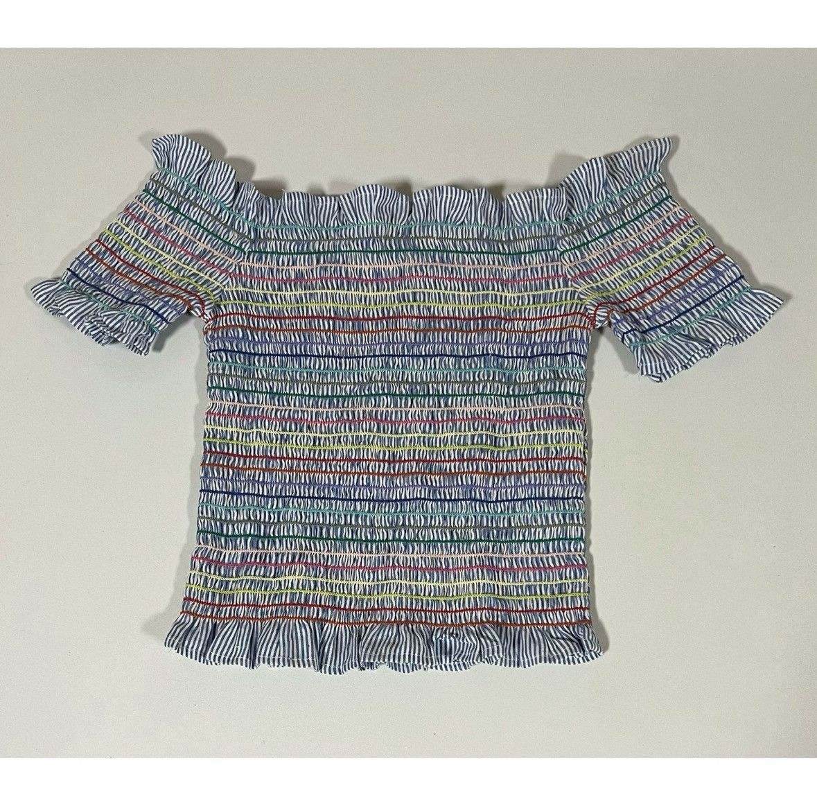 Pool House New York Blue Rainbow Striped Off-The-Shoulder Shirt Top Size S 🌈✨ Size S / US 4 / IT 40 - 3 Thumbnail