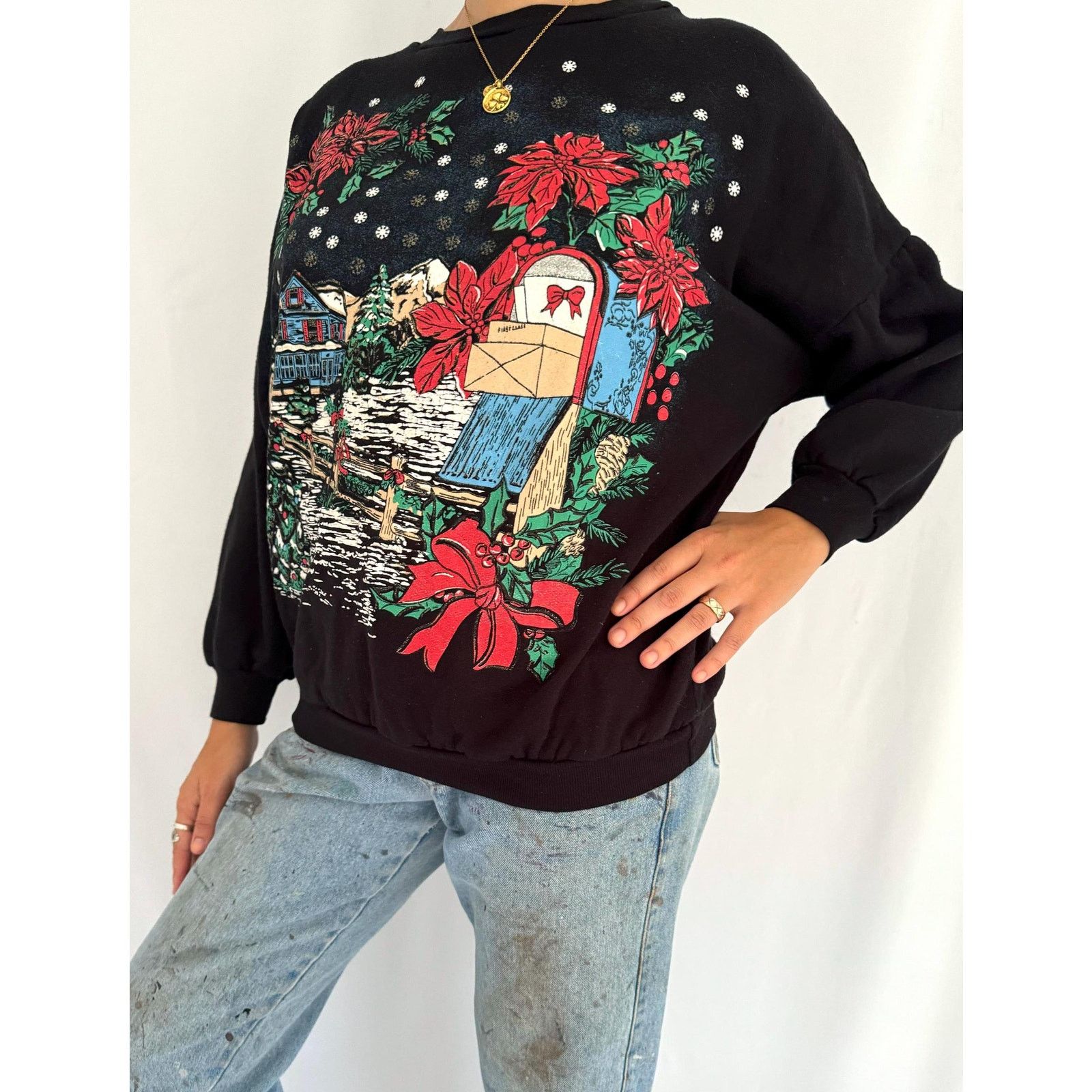 Cabin Creek 90s vintage black festive holiday scene pullover sweatshirt Size S / US 4 / IT 40 - 3 Thumbnail