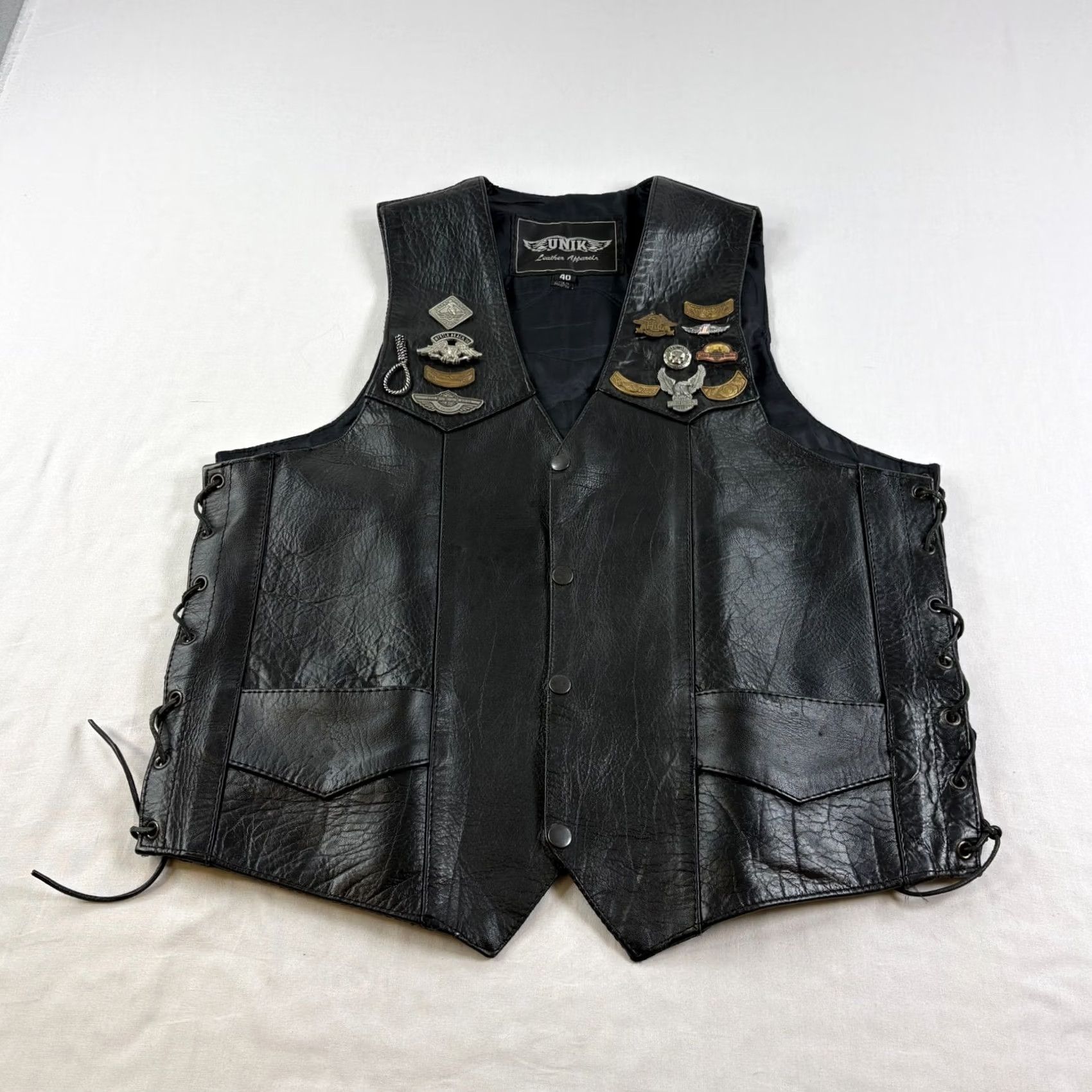 Vintage Unik Leather Vest Mens Size 40 Black Motorcycle Jacket Riding Patch Sleeveless Size US XXS / EU 40 - 2 Thumbnail
