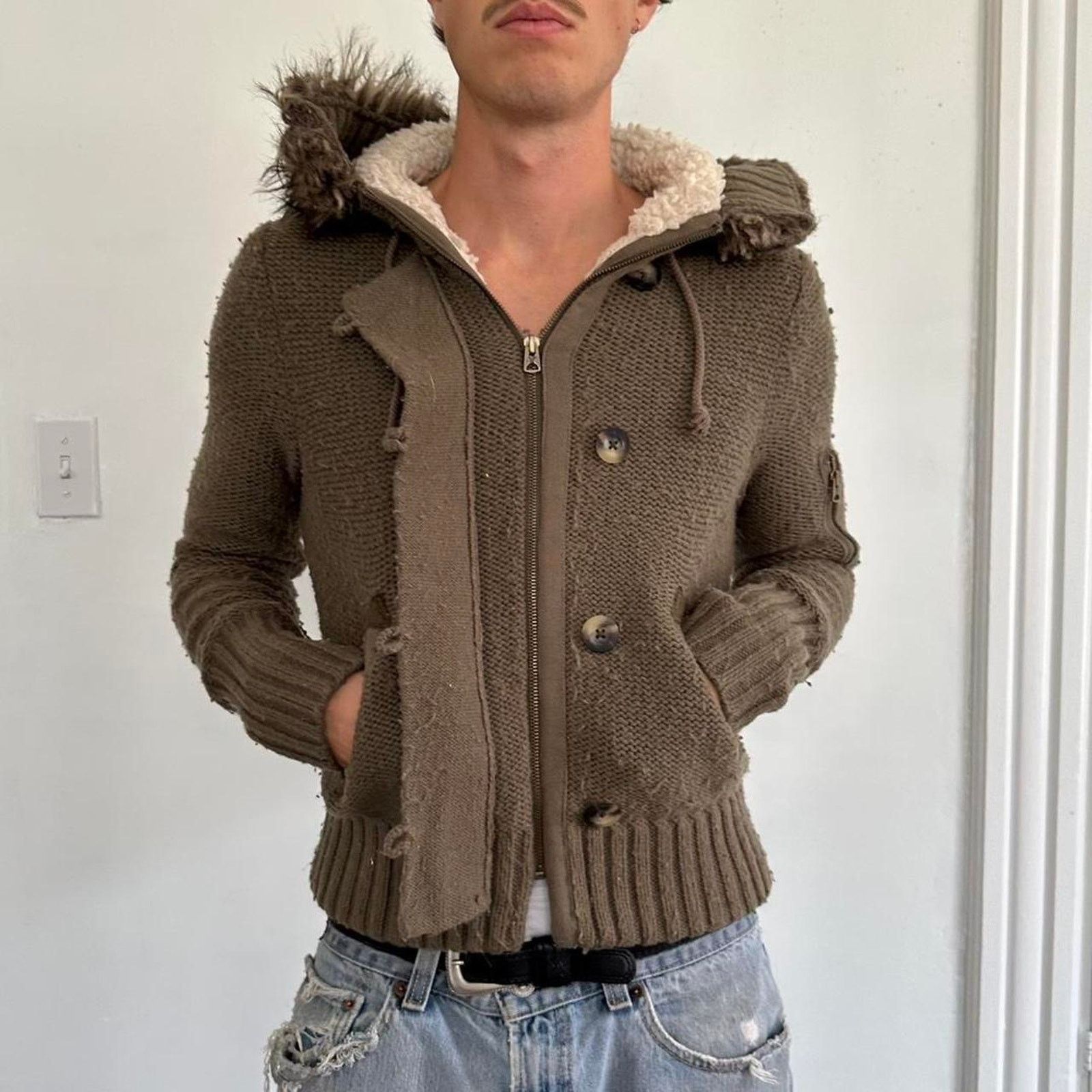 American Eagle Outfitters × Vintage Vintage Y2K Knit Fur American Eagle Zip Up Sweater Hoodie Size M / US 6-8 / IT 42-44 - 2 Thumbnail