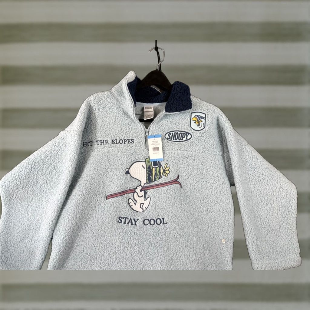 Peanuts VINTAGE Peanuts Snoopy Sweater Women L Light Blue Winter Sherpa Quarter-Zip Pullover NWT Size L / US 10 / IT 46 - 1 Thumbnail