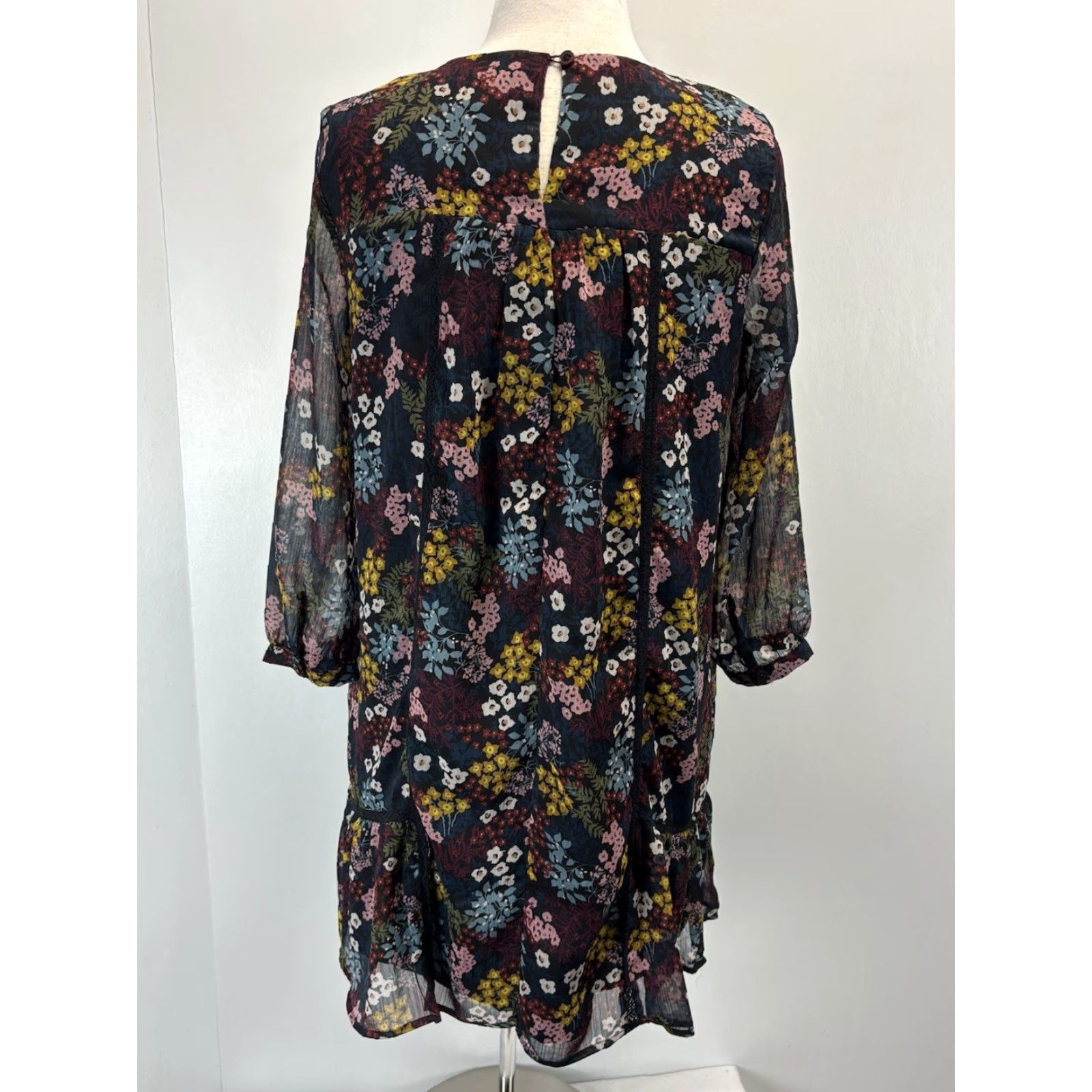 Loft LOFT Mini Dark Floral Shift Dress Sz Medium Petite Sheer Sleeves Romantic Fairy Size M / US 6-8 / IT 42-44 - 3 Thumbnail